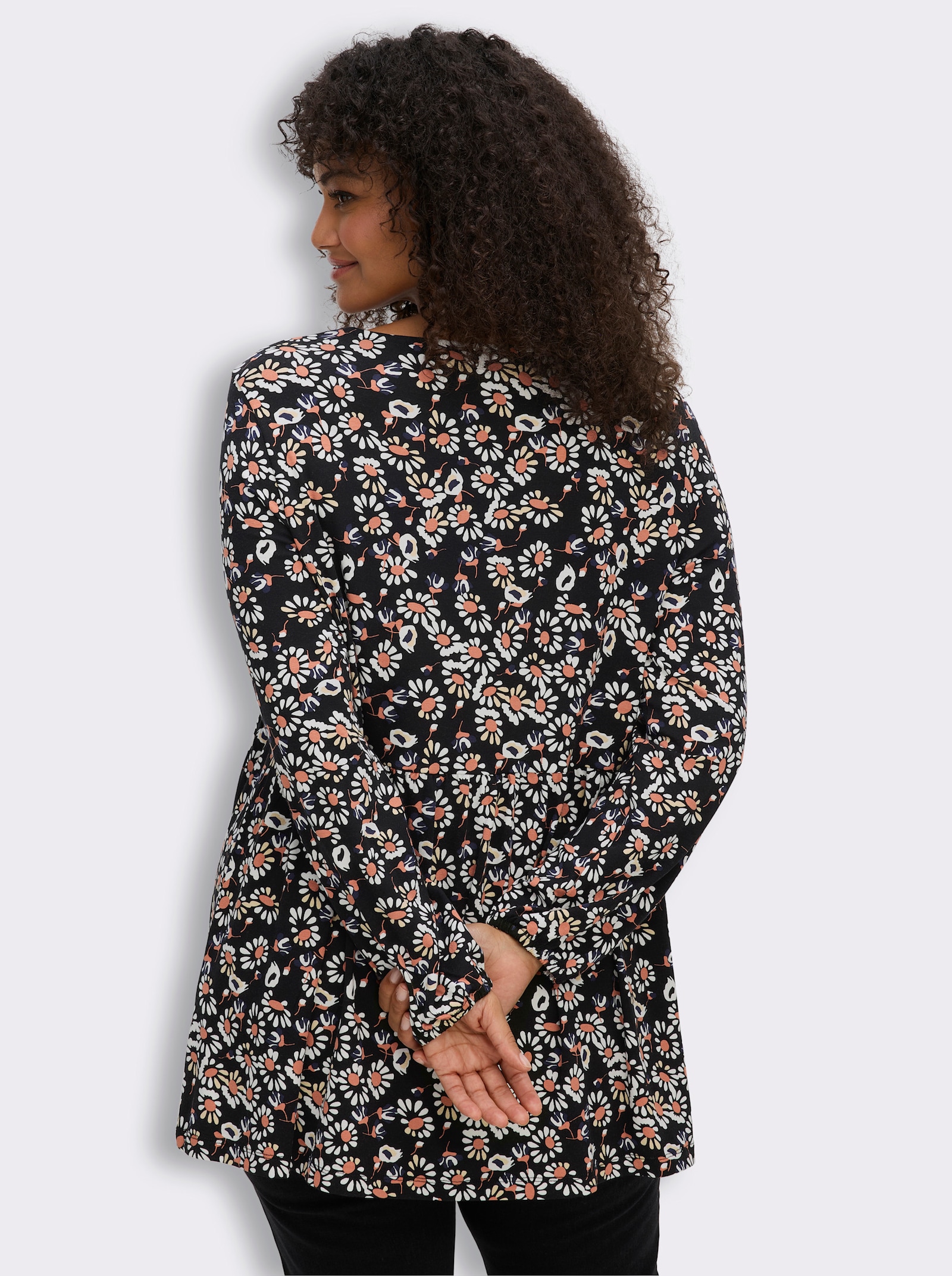 Tunikashirt in A-Linie - schwarz-papaya-bedruckt