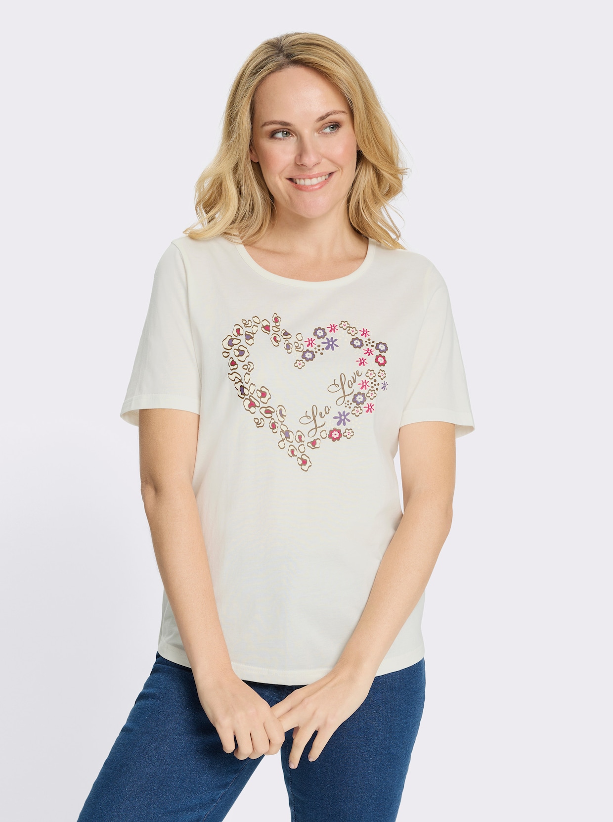 Rundhalsshirt mit Herzprint - ecru-braun-bedruckt