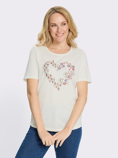Rundhalsshirt mit Herzprint - ecru-braun-bedruckt