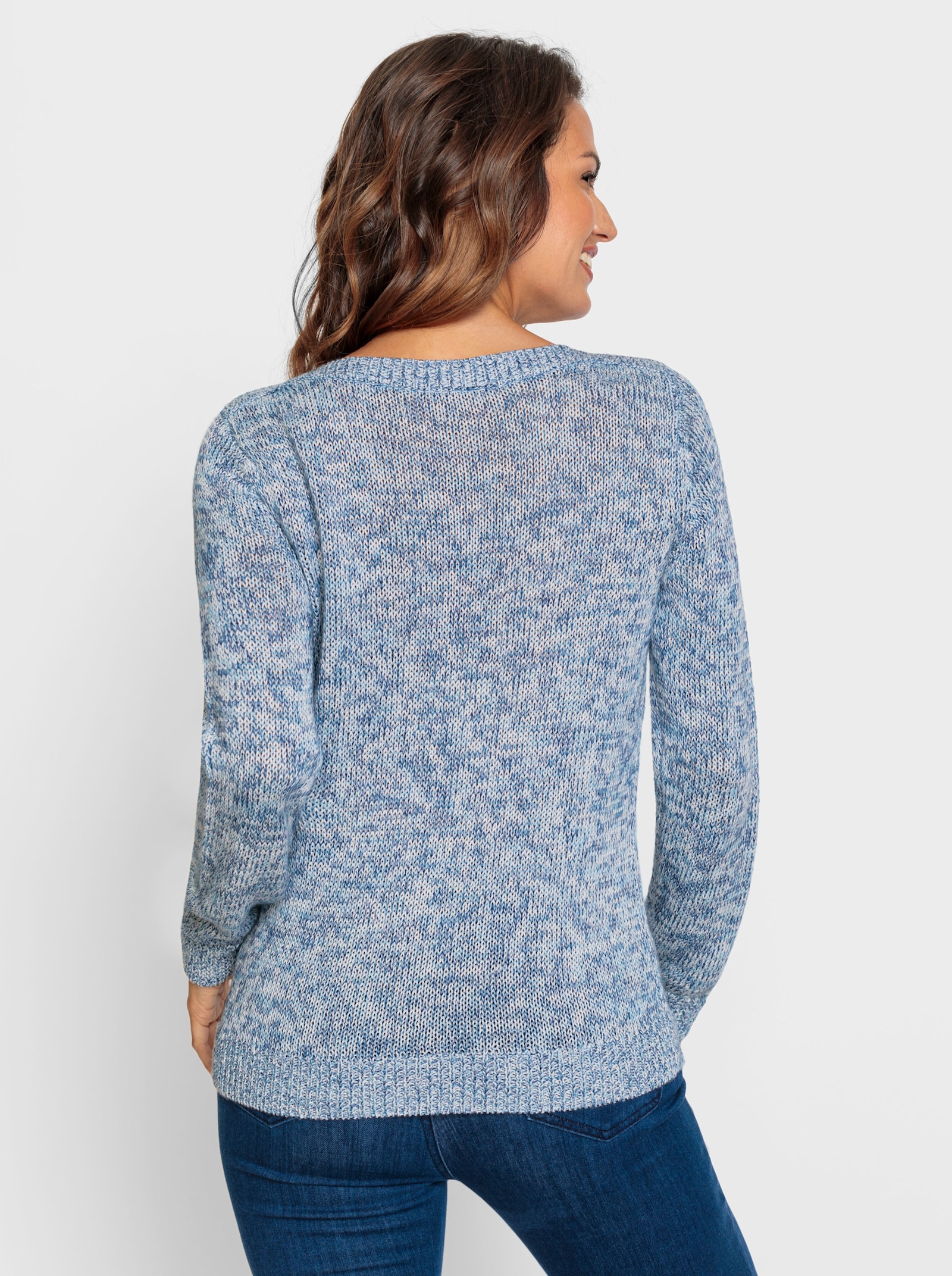 Langarm-Pullover mit Melange-Garn - ecru-jeansblau-meliert