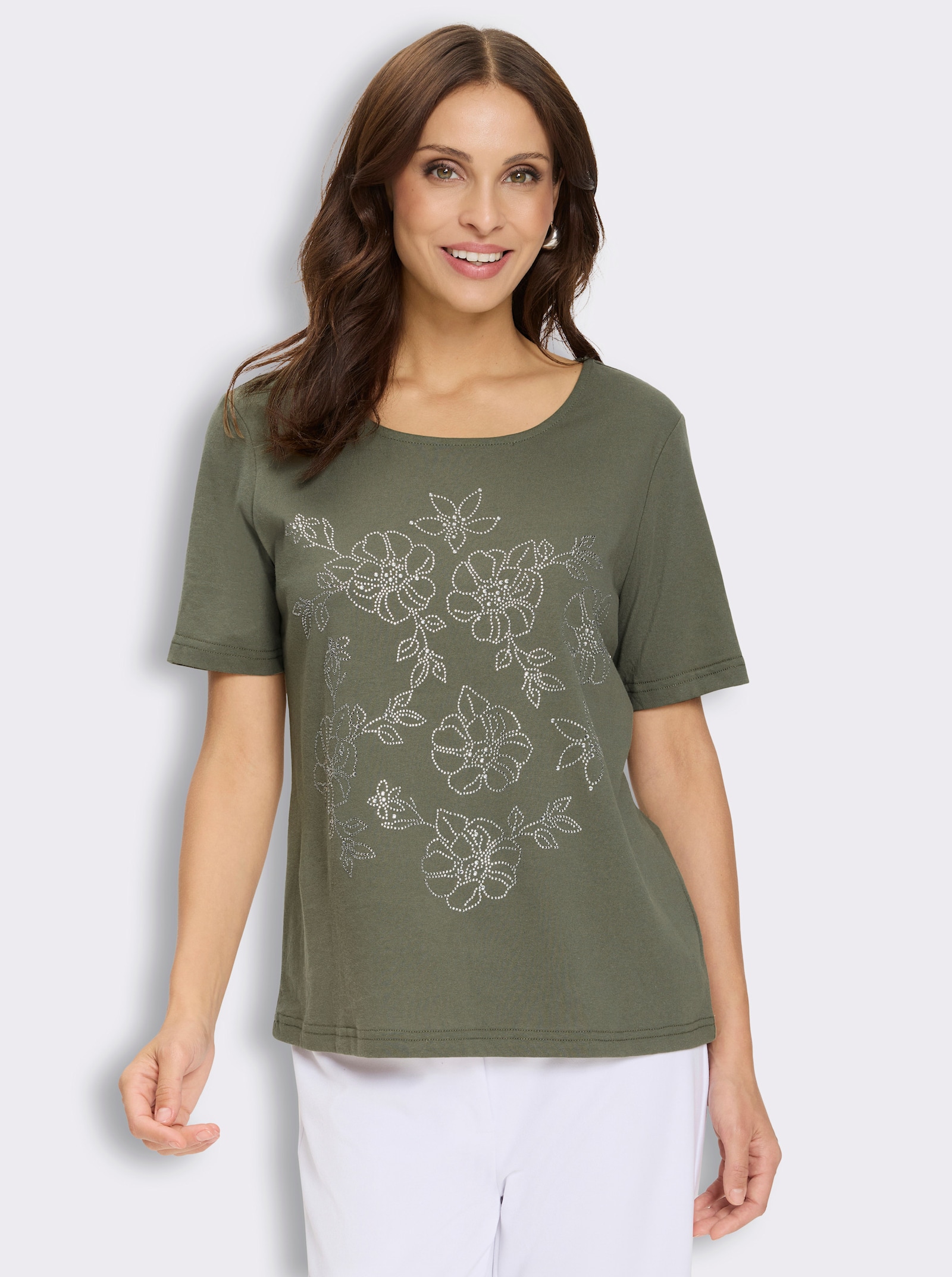 Rundhalsshirt mit Glitzersteinchen-Blüten - khaki