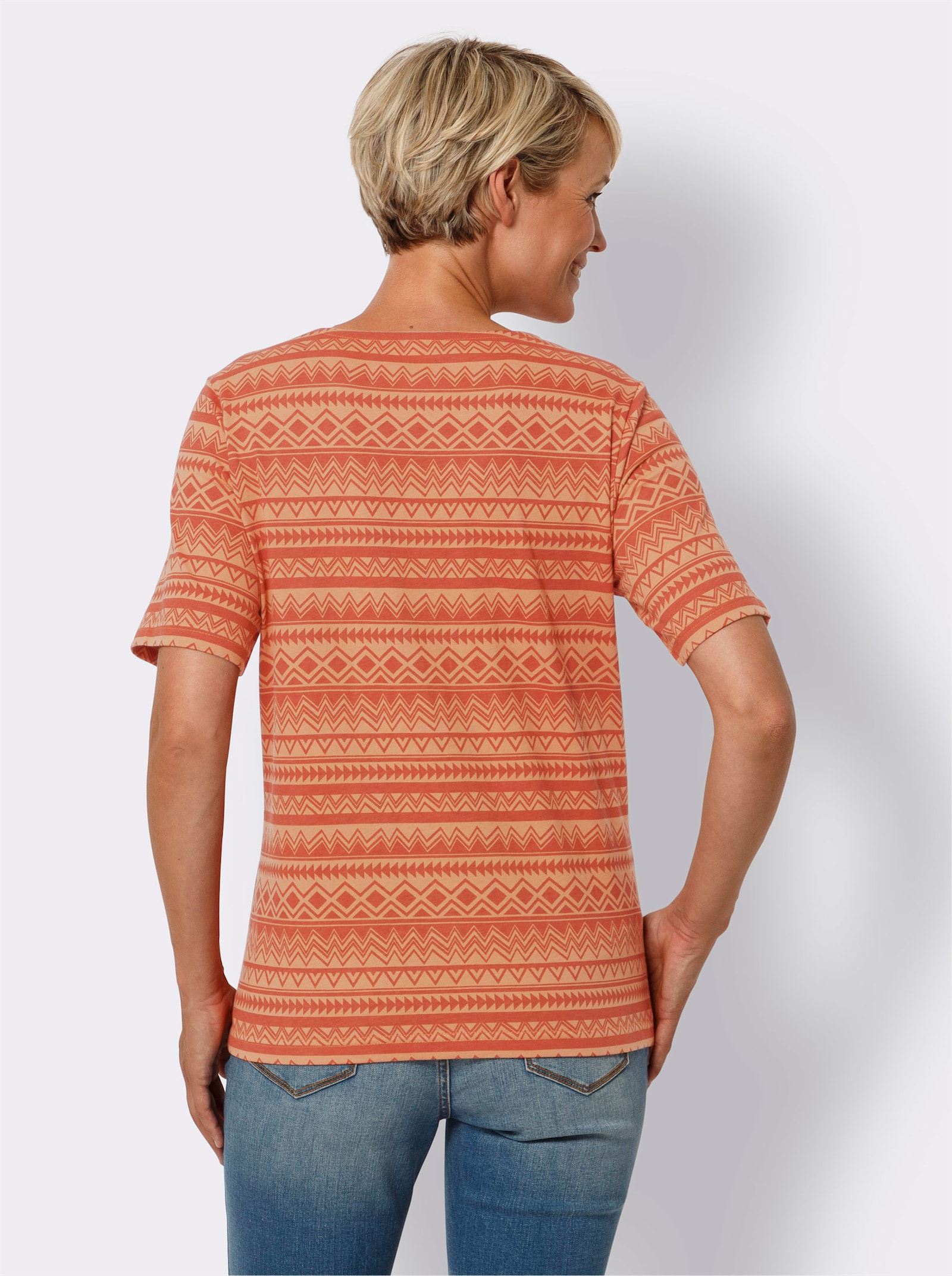 Kurzarmshirt aus reiner Baumwolle - papaya-weiß-bedruckt