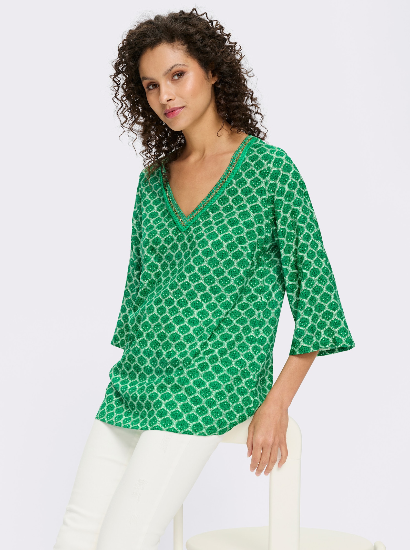 heine Tunika mit Trompetenärmeln - grasgrün-ecru-bedruckt