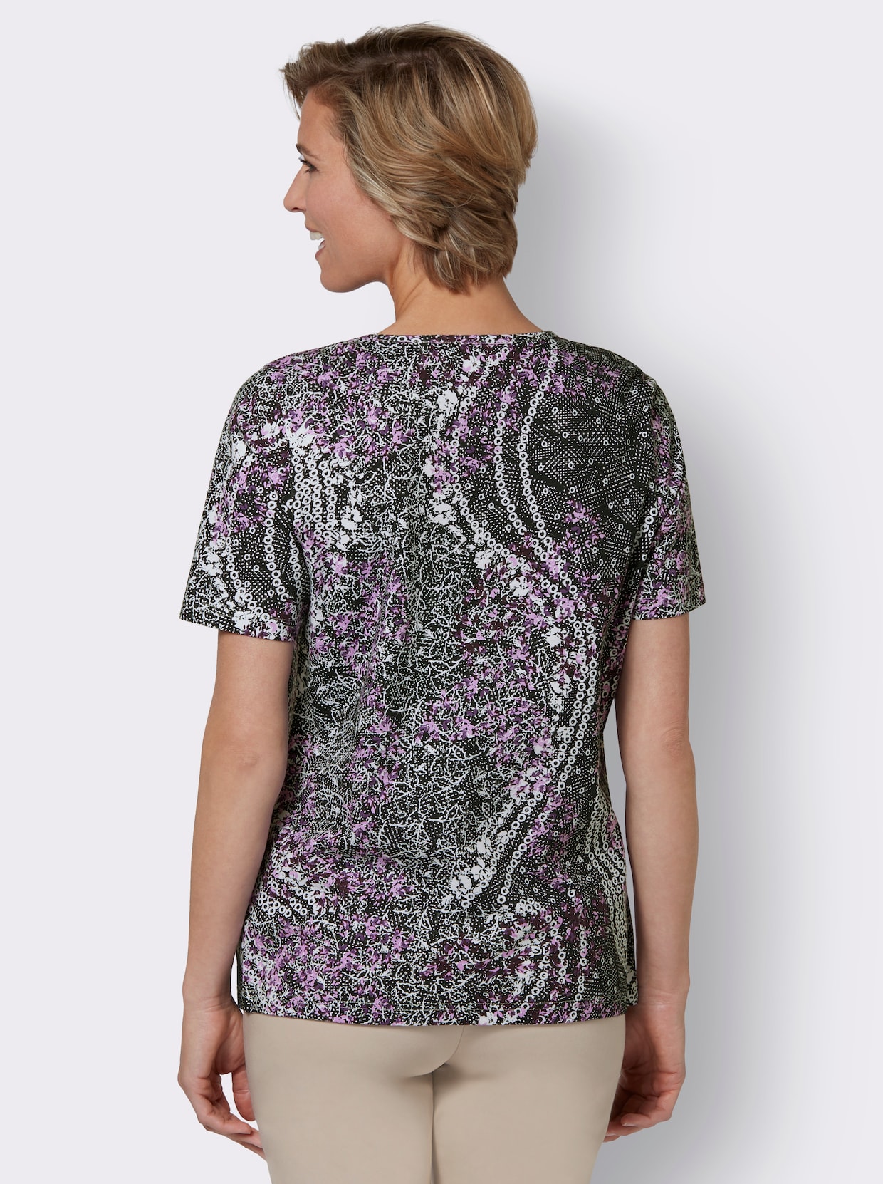 Kurzarmshirt - orchidee-schwarz-bedruckt