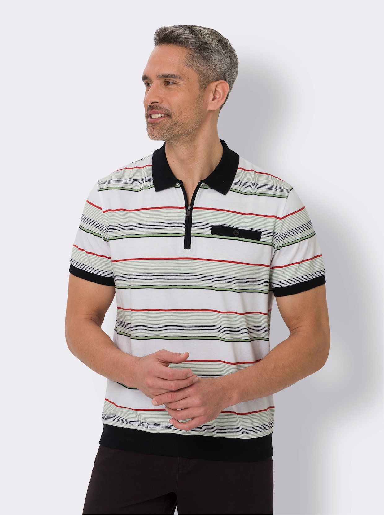 Kurzarm-Poloshirt - schwarz-eucalyptus-geringelt