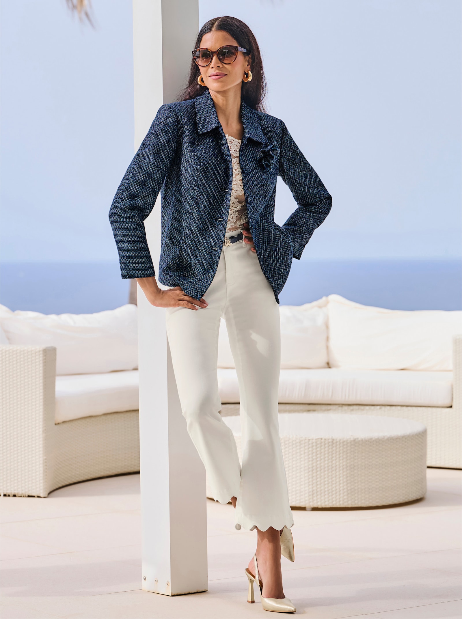 heine Bouclé-Blazer mit abnehmbarer Ansteckblüte - dunkelblau