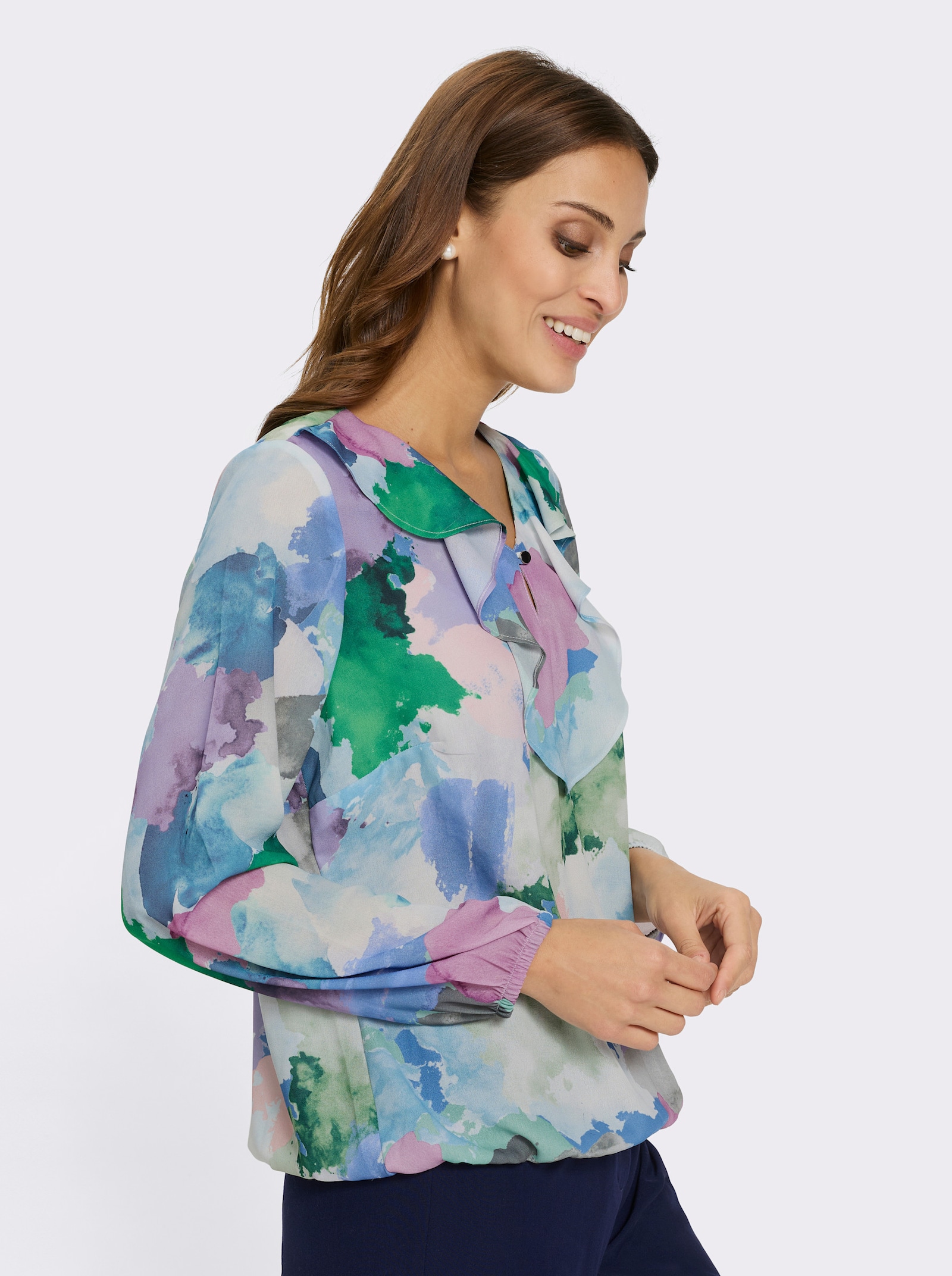 Schlupfbluse mit Volants - eisblau-rosé-bedruckt