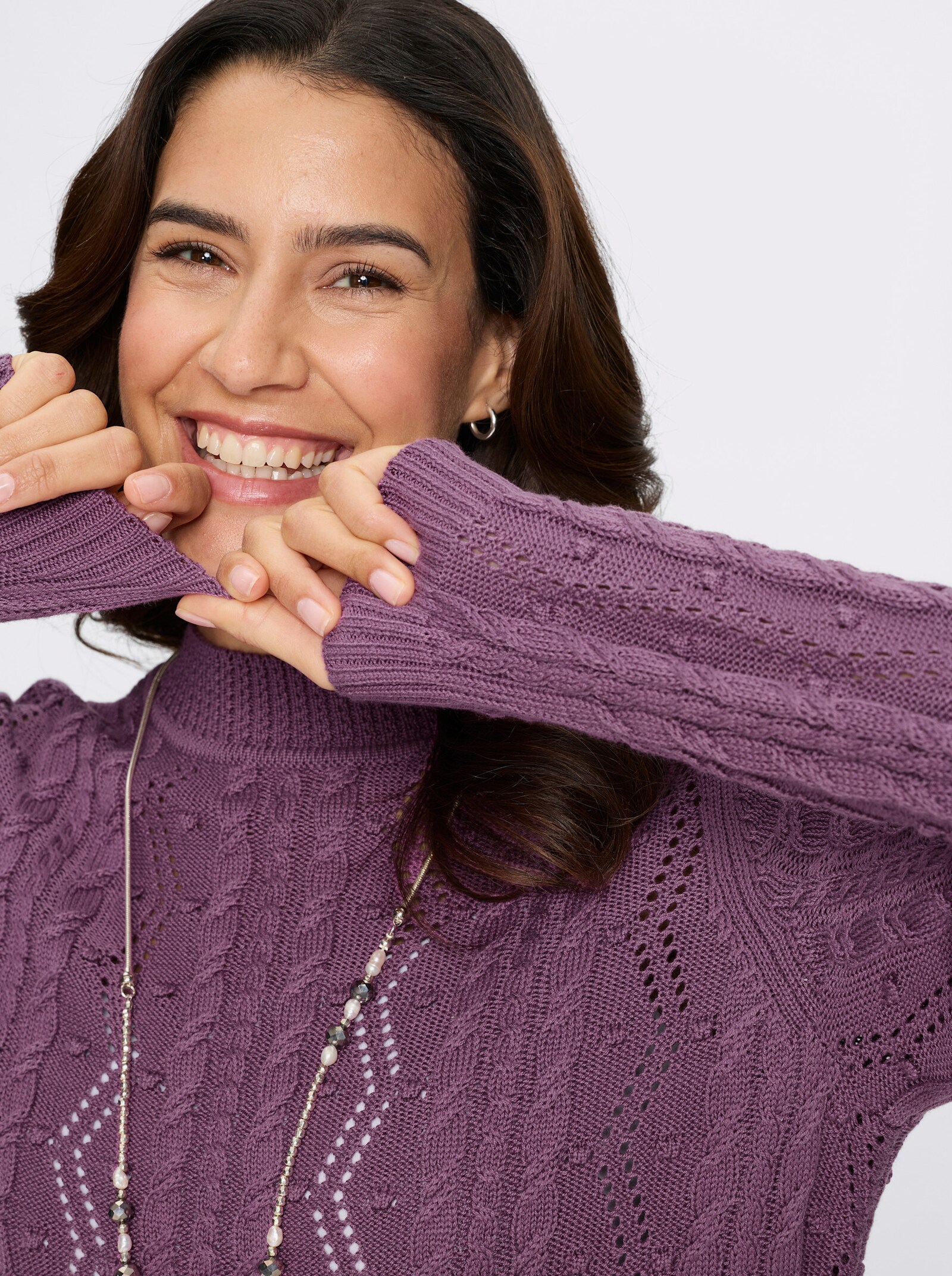 Stehkragenpullover mit Zopfmuster - violett