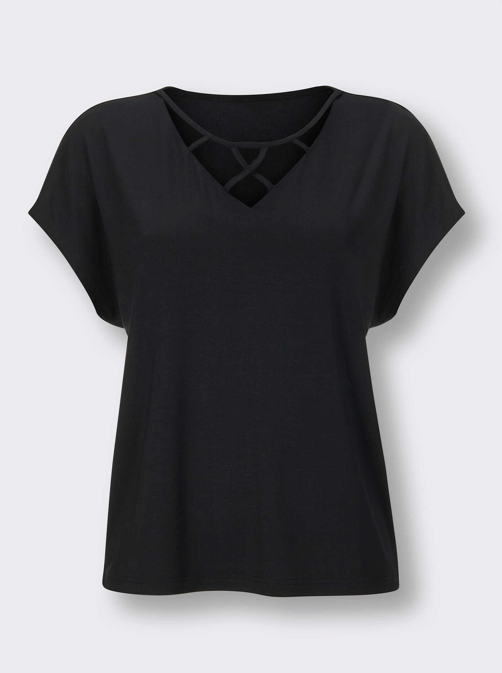 CREATION L PREMIUM Shirttop mit Bändchenverzierung am Ausschnitt - schwarz