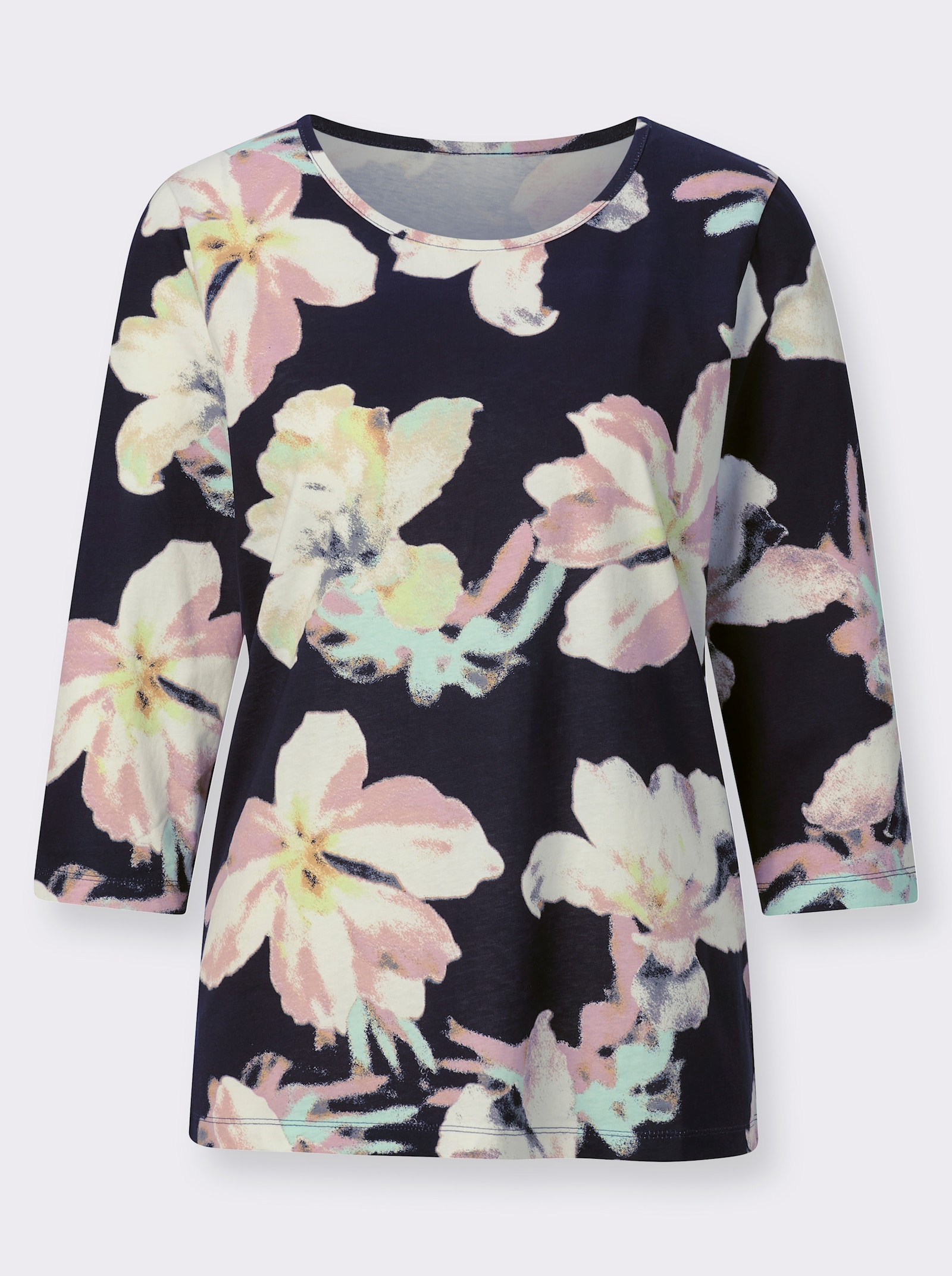 Shirt met 3/4-mouwen van katoen, gebloemd - marine/kalkmint bedrukt