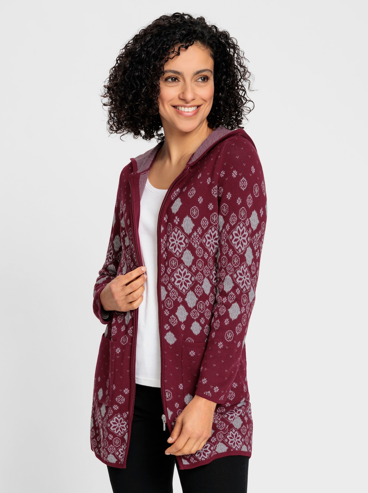 Longstrickjacke - dunkelrot-gemustert