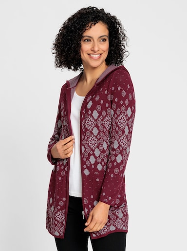 Longstrickjacke mit Jacquard-Strickmuster - dunkelrot-gemustert
