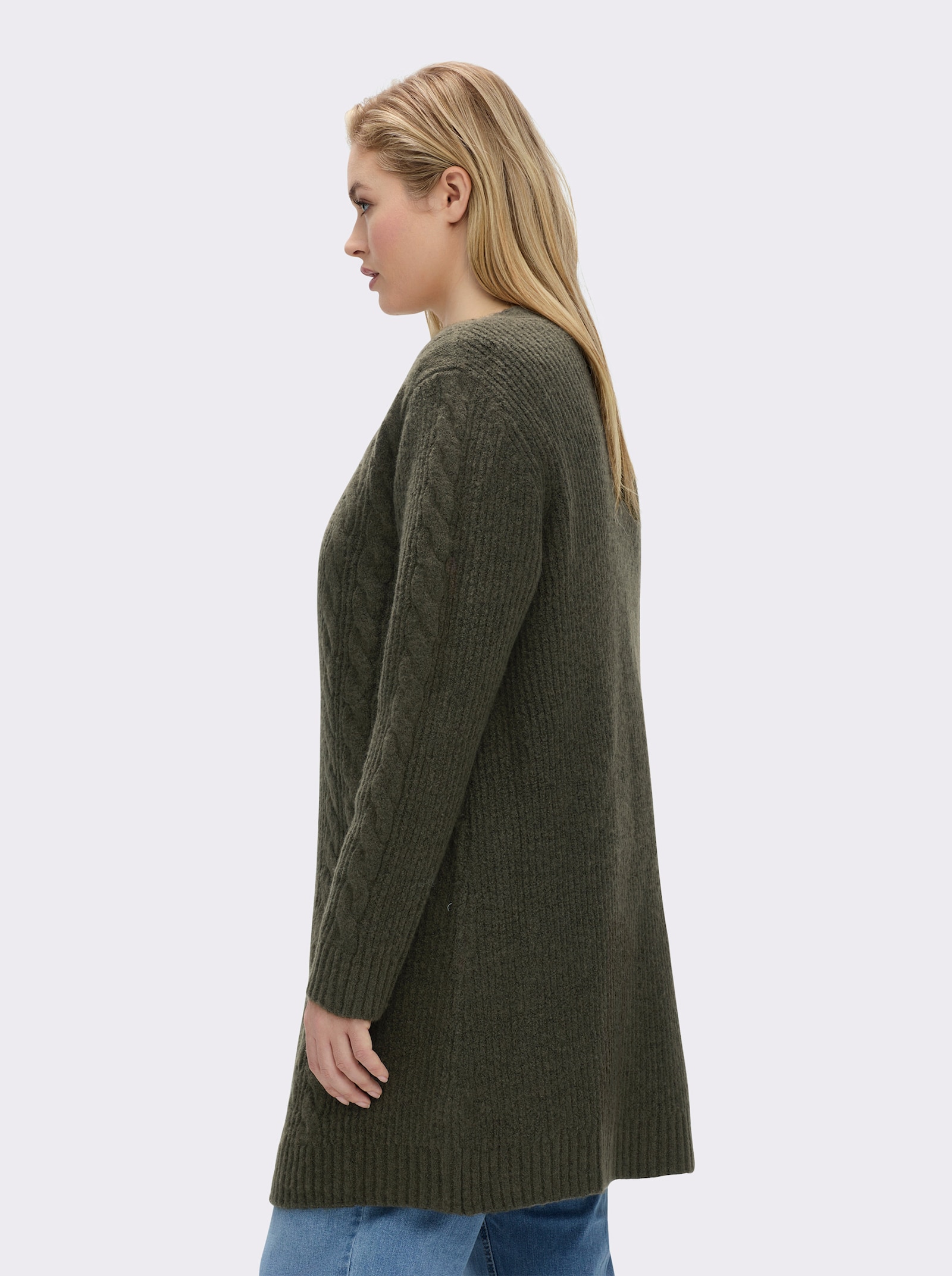 sheego Cardigan mit Zopfmuster - khaki-ecru-meliert