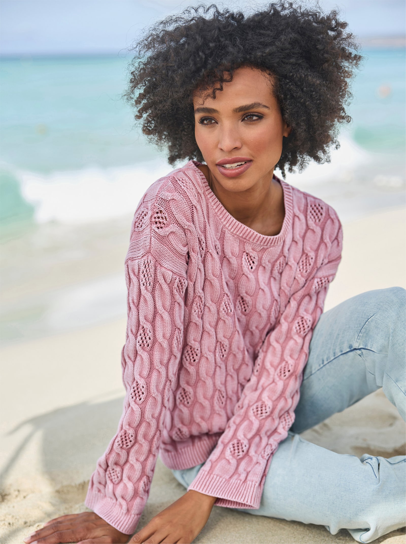 heine Rundhalspullover mit Zopfmuster - rosenquarz