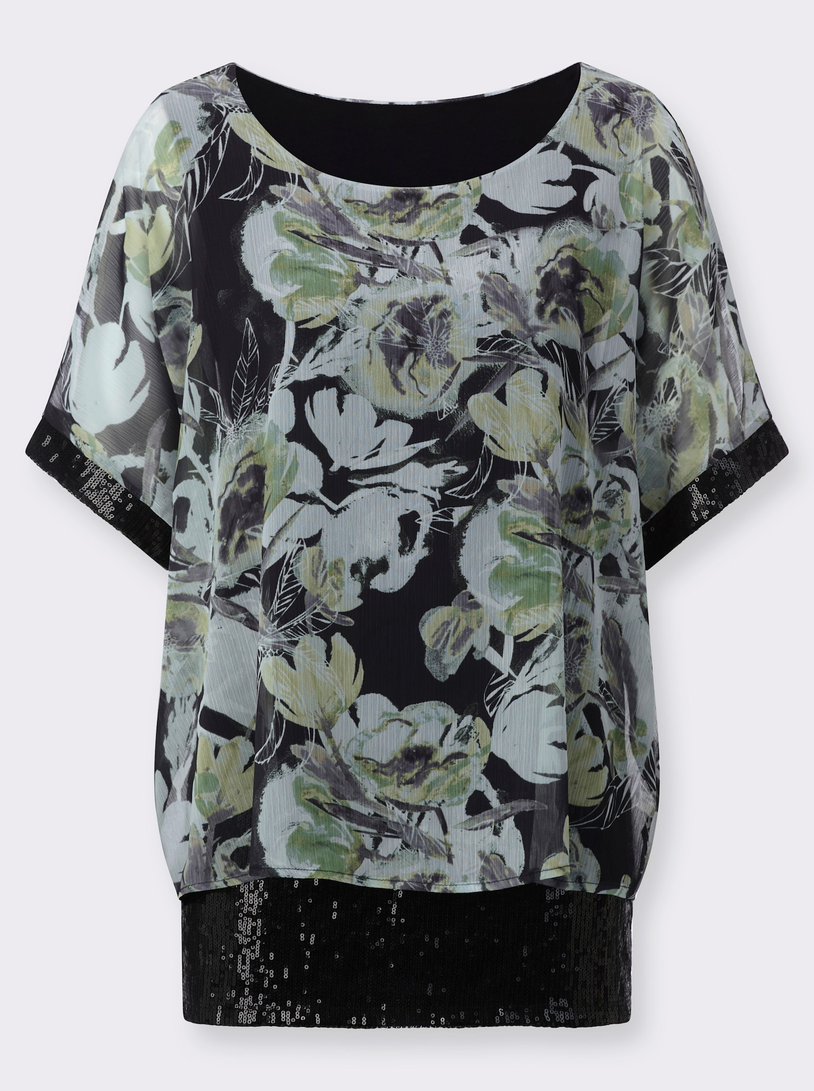 Kurzarmbluse mit schimmernden Pailletten - schwarz-lindgrün-bedruckt