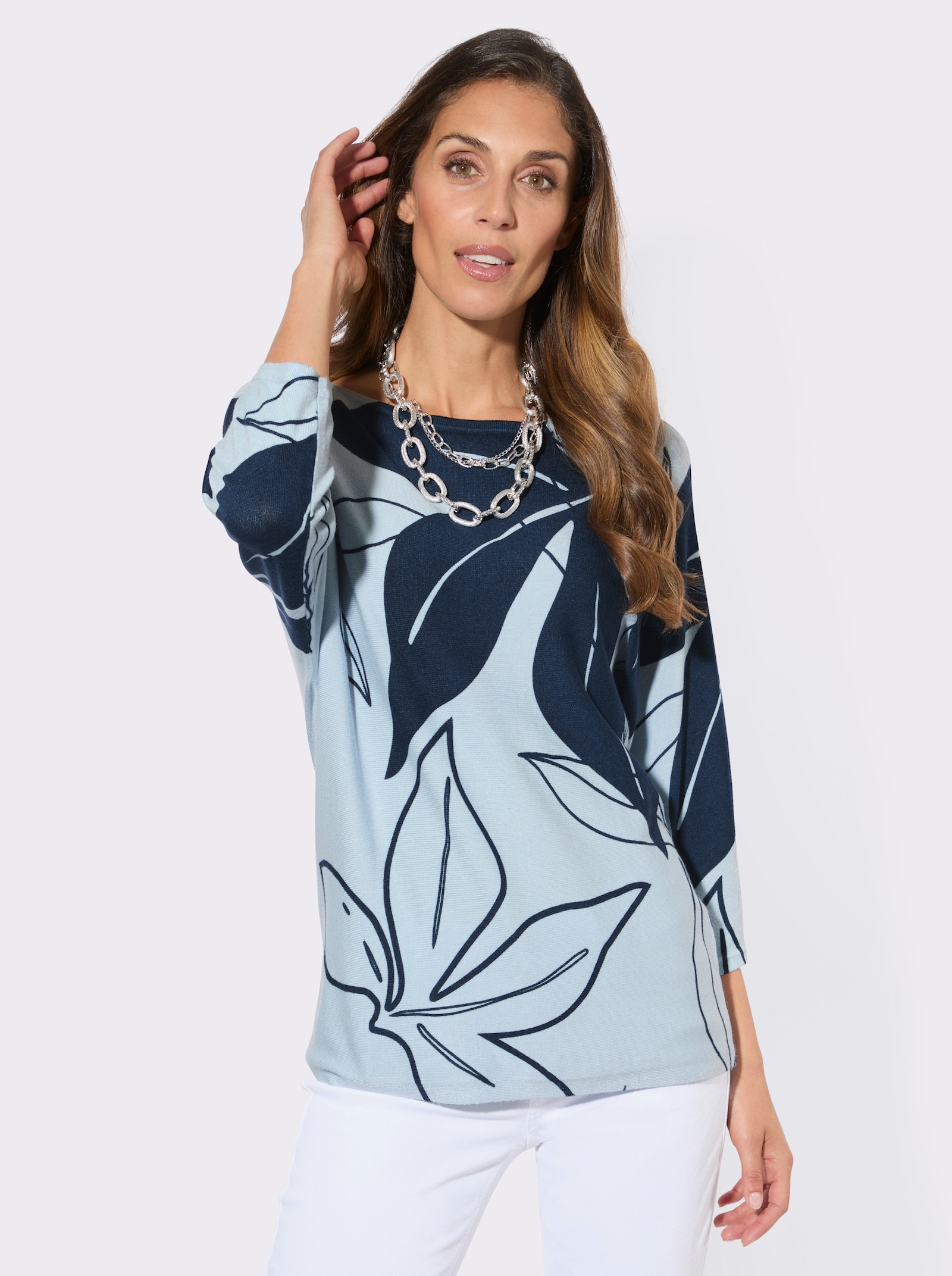 Feinstrickpullover mit Blütendruck - hellblau-dunkelblau-bedruckt