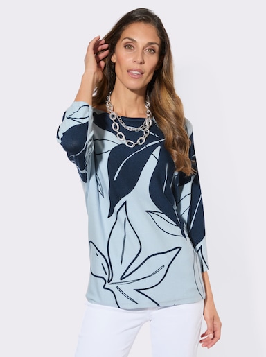 Feinstrickpullover mit Blütendruck - hellblau-dunkelblau-bedruckt