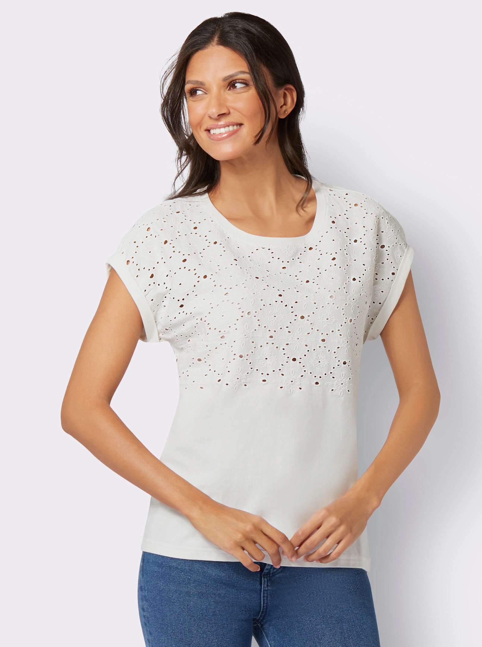 Tričko s okr.výst.a dier.výšiv. - svetlobéžová