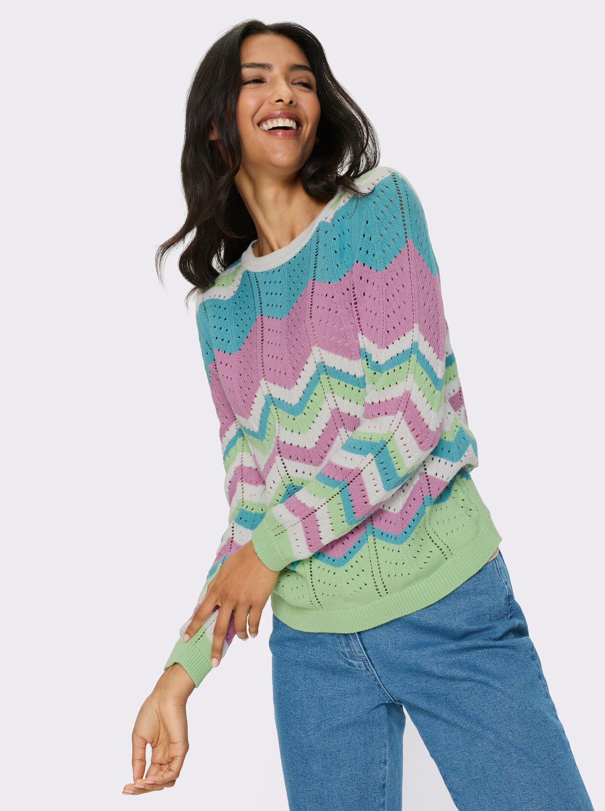 Ajourpullover - ecru-ozean-gemustert