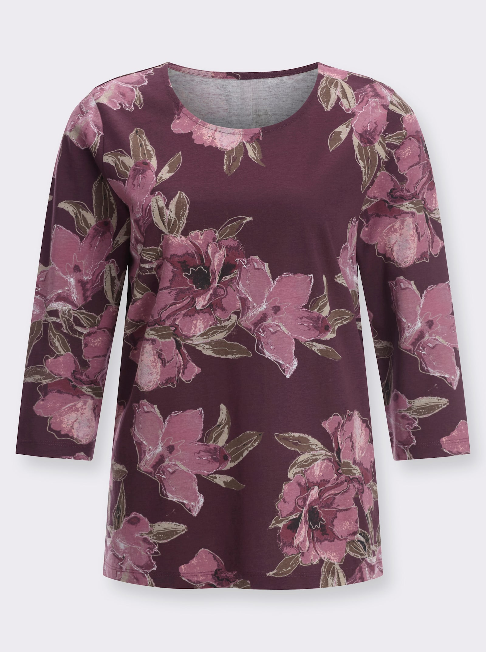 3/4-Arm-Shirt allover mit Blütendessin - burgund-mauve-bedruckt