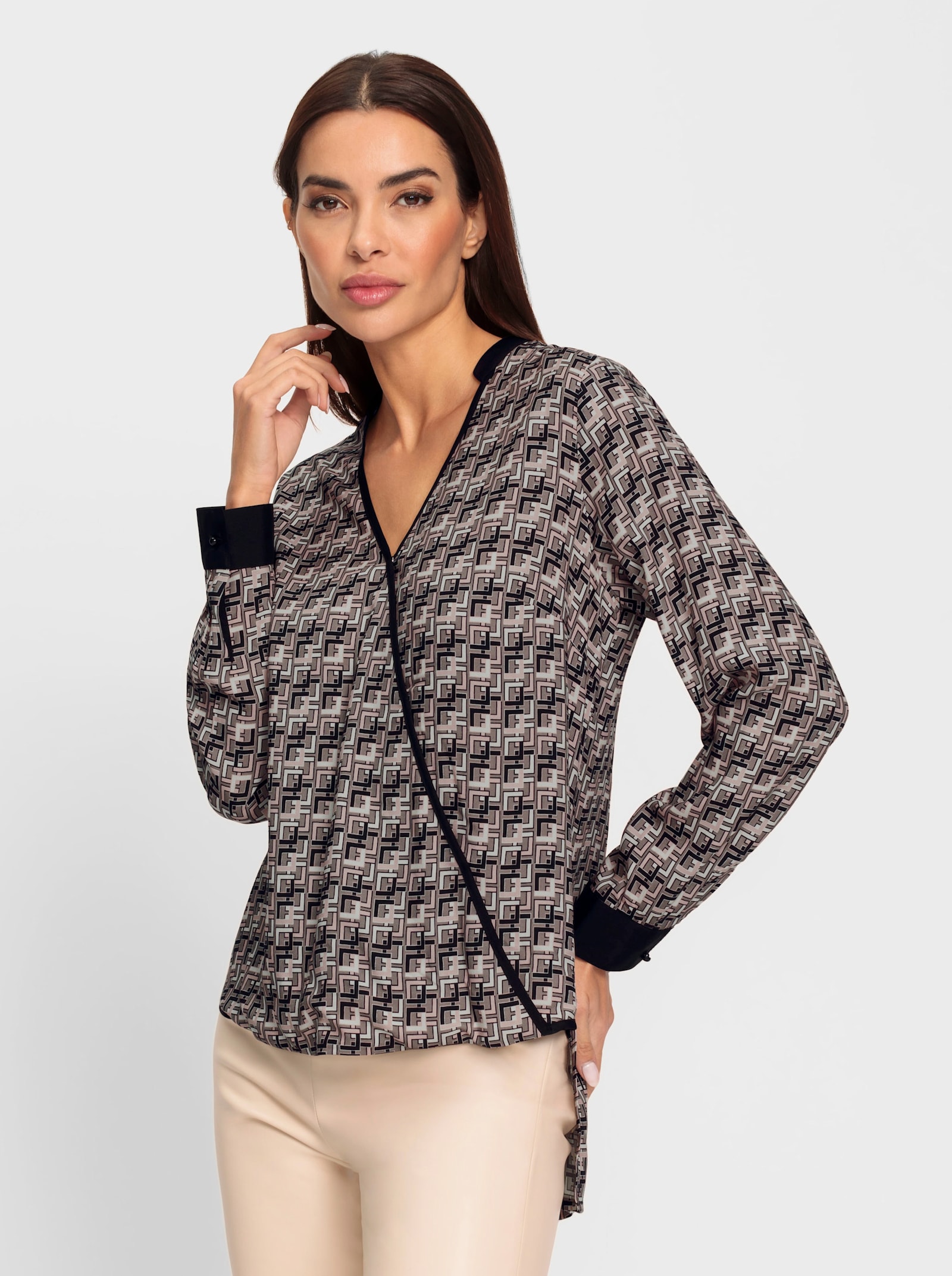 heine Schlupfbluse in Wickel-Optik - taupe-schwarz-bedruckt