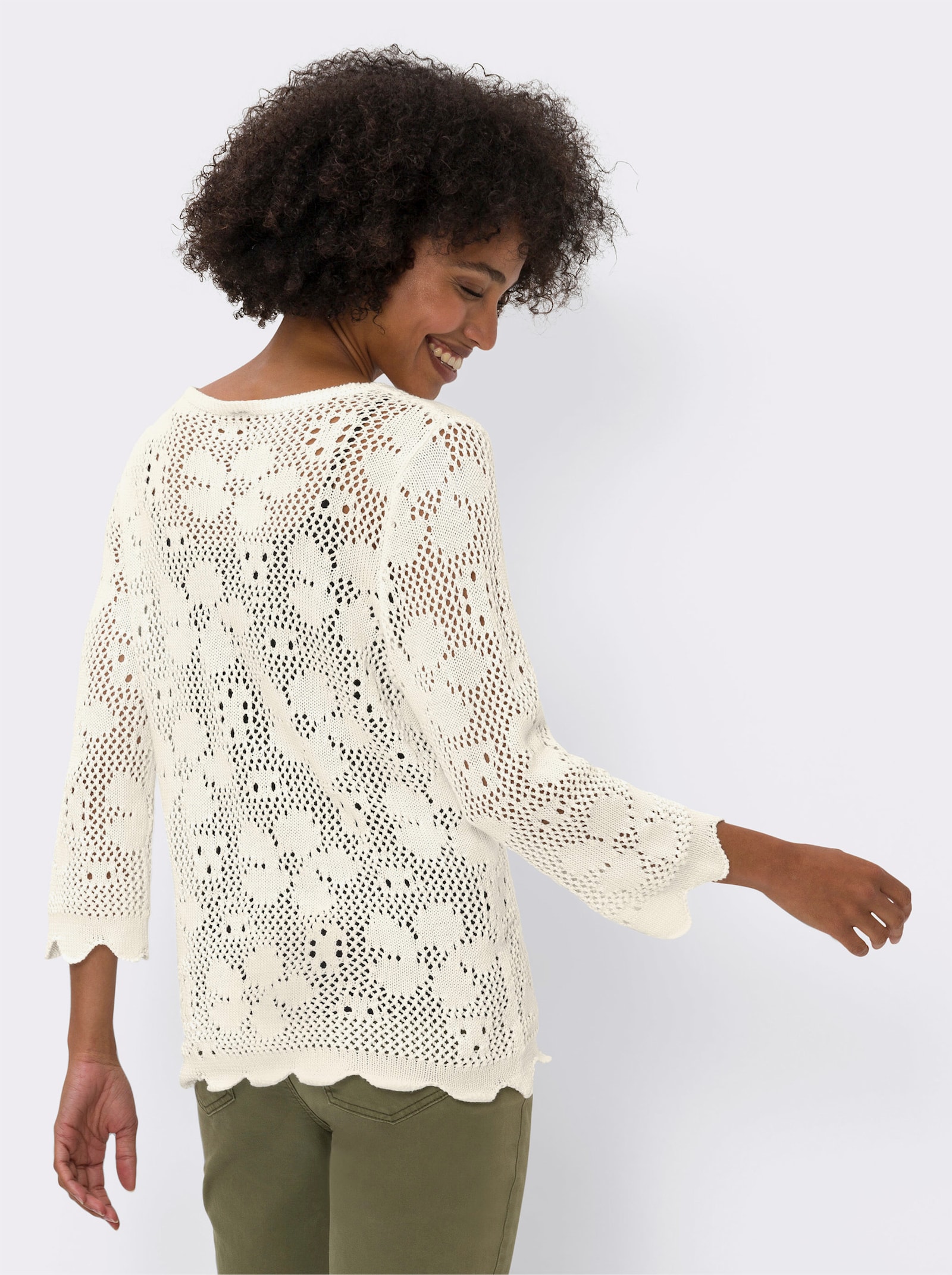 heine Strickpullover mit floralem Ajourmuster - ecru