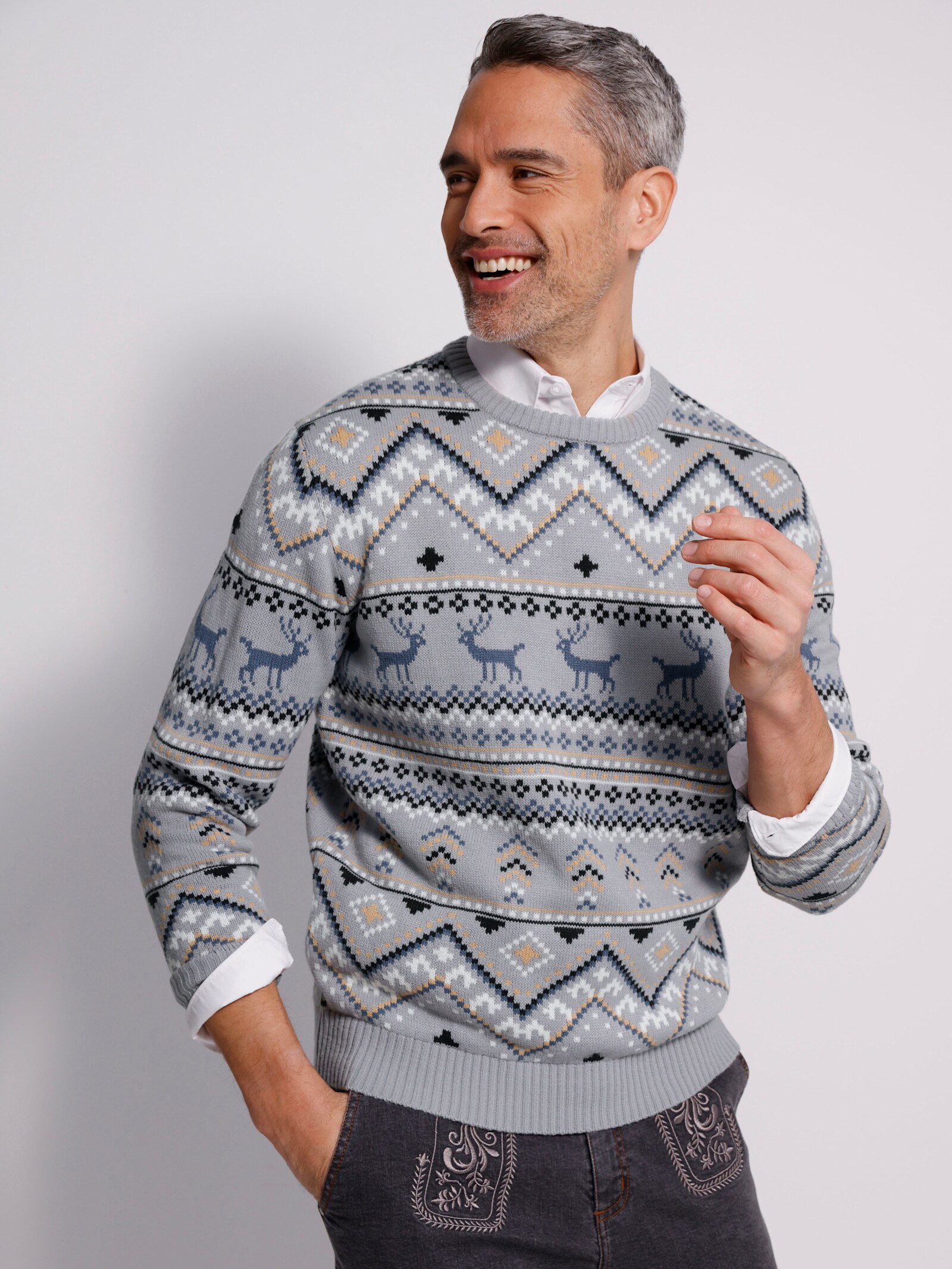 Rundhalspullover mit grafischem Muster - steingrau-schwarz-gemustert