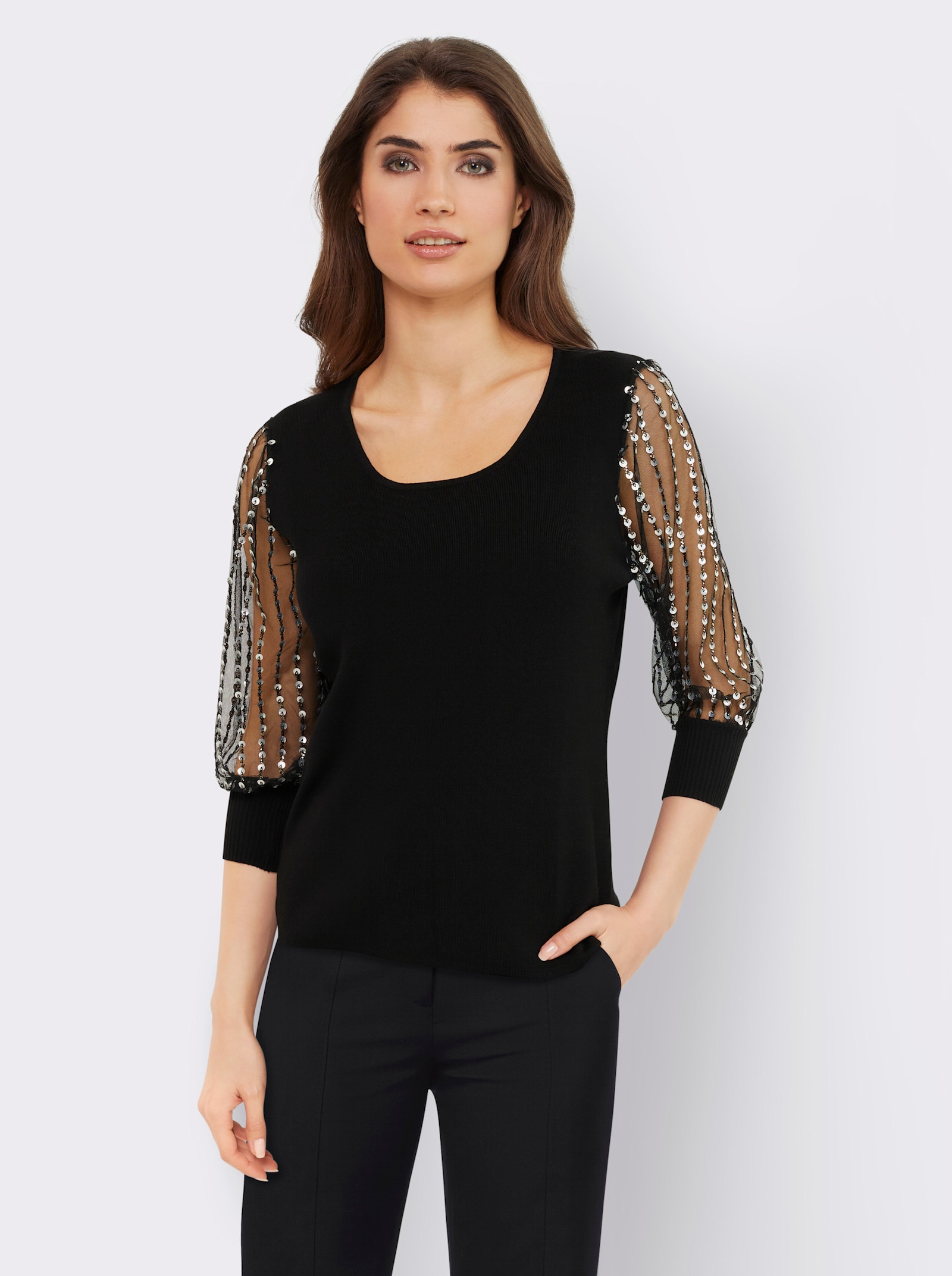 heine Pullover van fijntricot met transparante ballonmouwen - zwart