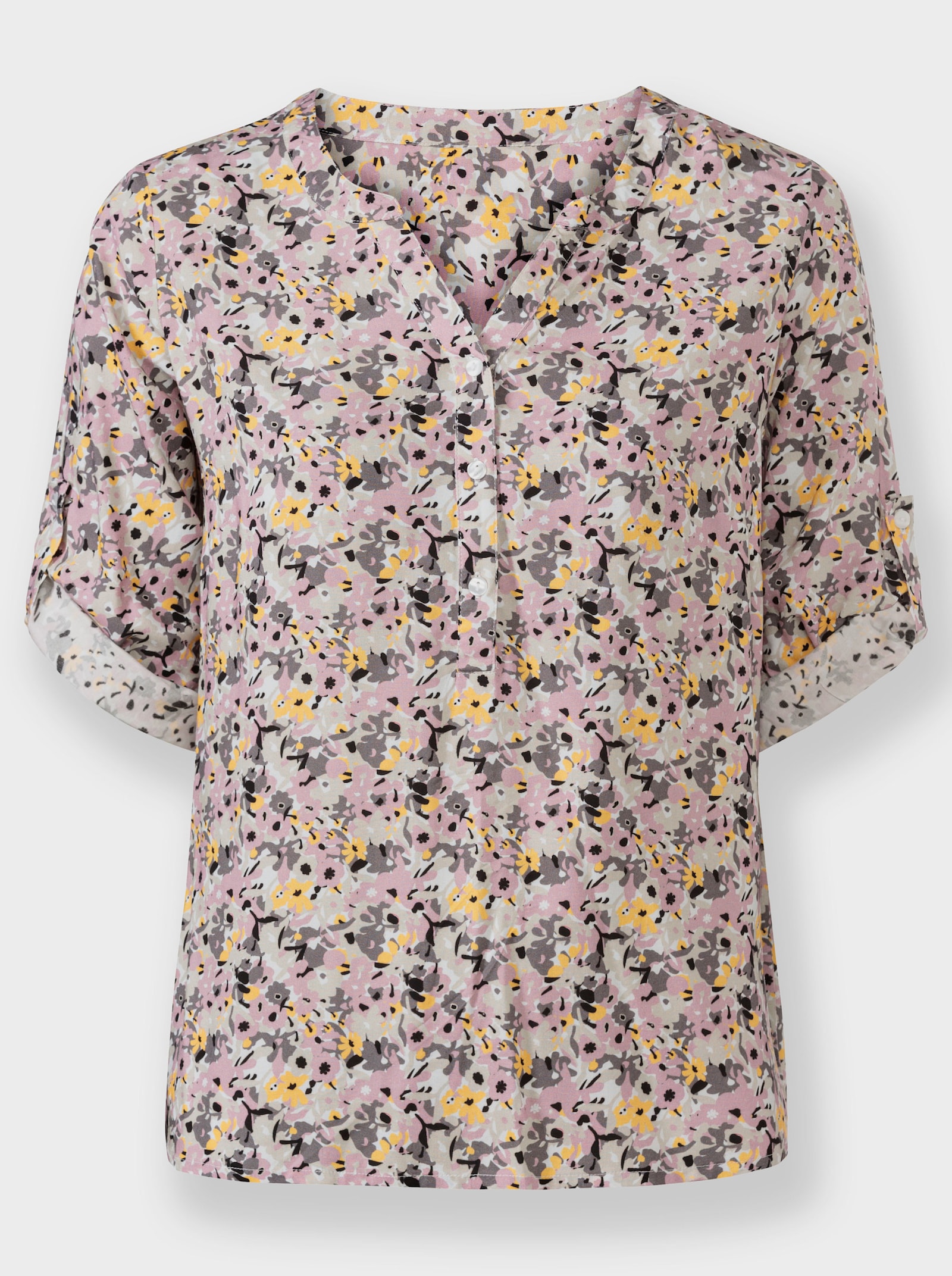 Druckbluse mit Krempelärmeln - hortensie-gelb-bedruckt