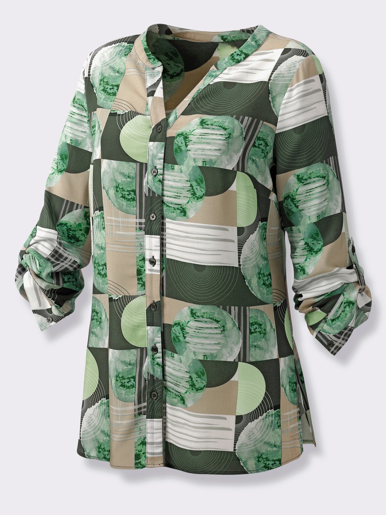 Druckbluse im figurumspielden Schnitt - khaki-pistazie-bedruckt