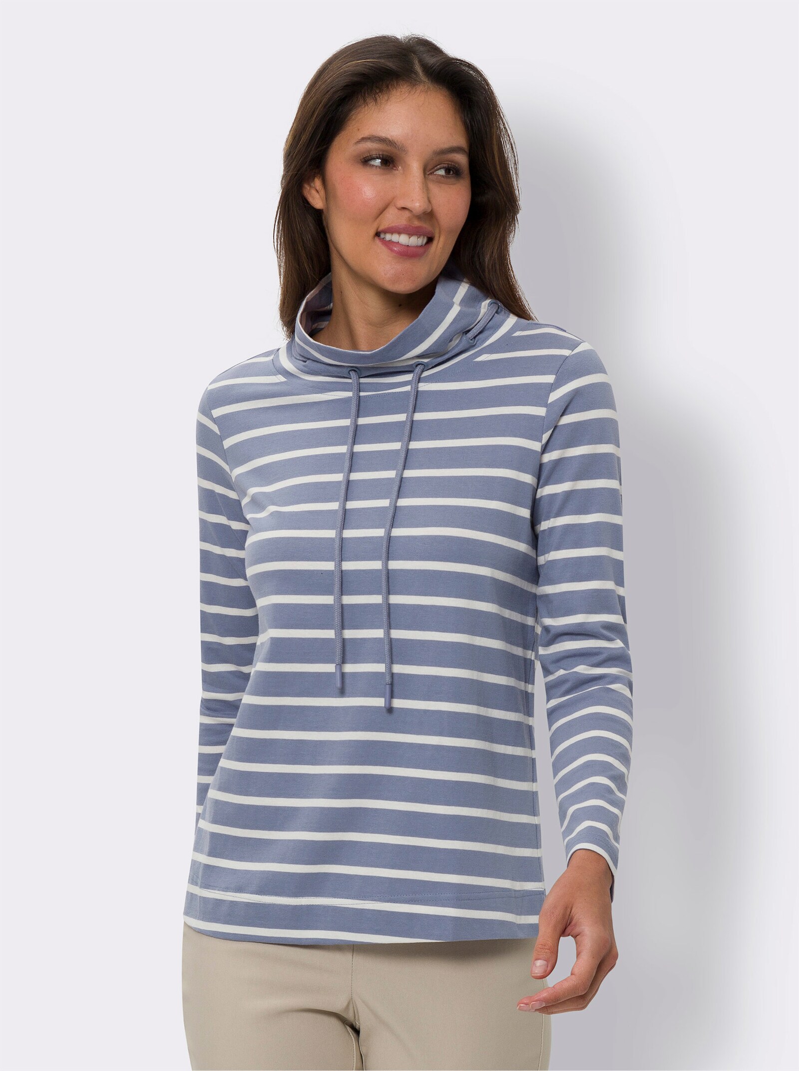 Langarmshirt mit garngefärbten Ringeln - taubenblau-gestreift