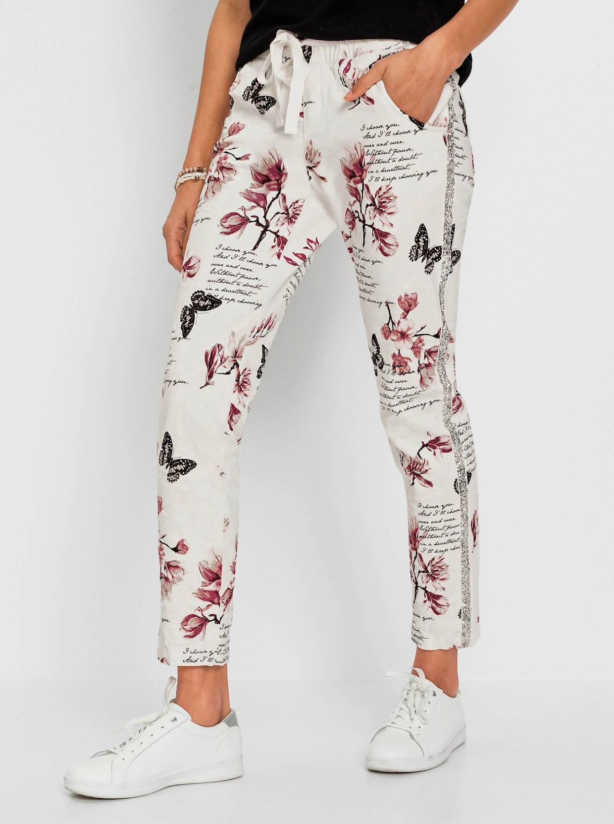 7/8-Hose mit floralem und Lettering-Druck - ecru-schwarz-bedruckt