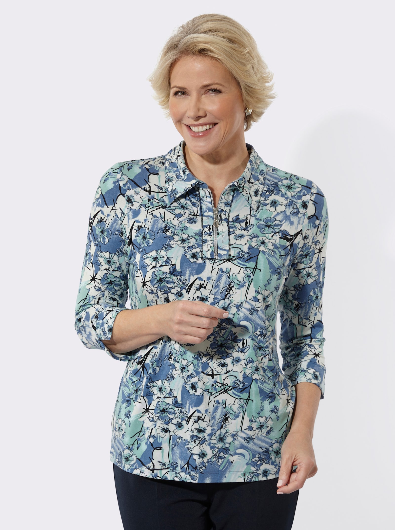 Poloshirt mit Glitzersteinchen - salbei-jeansblau-bedruckt