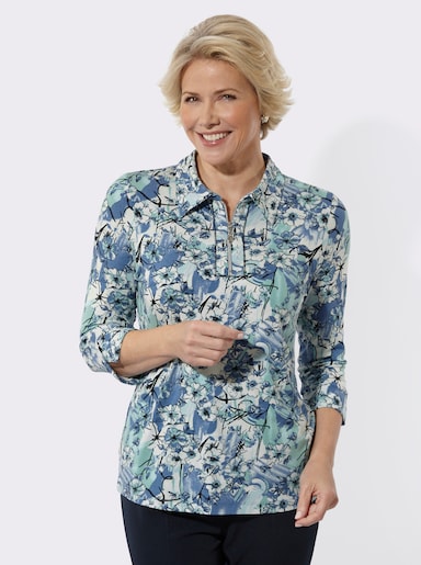 Poloshirt mit Glitzersteinchen - salbei-jeansblau-bedruckt