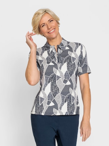 Poloshirt mit Ziersteinchen - marine-ecru-bedruckt