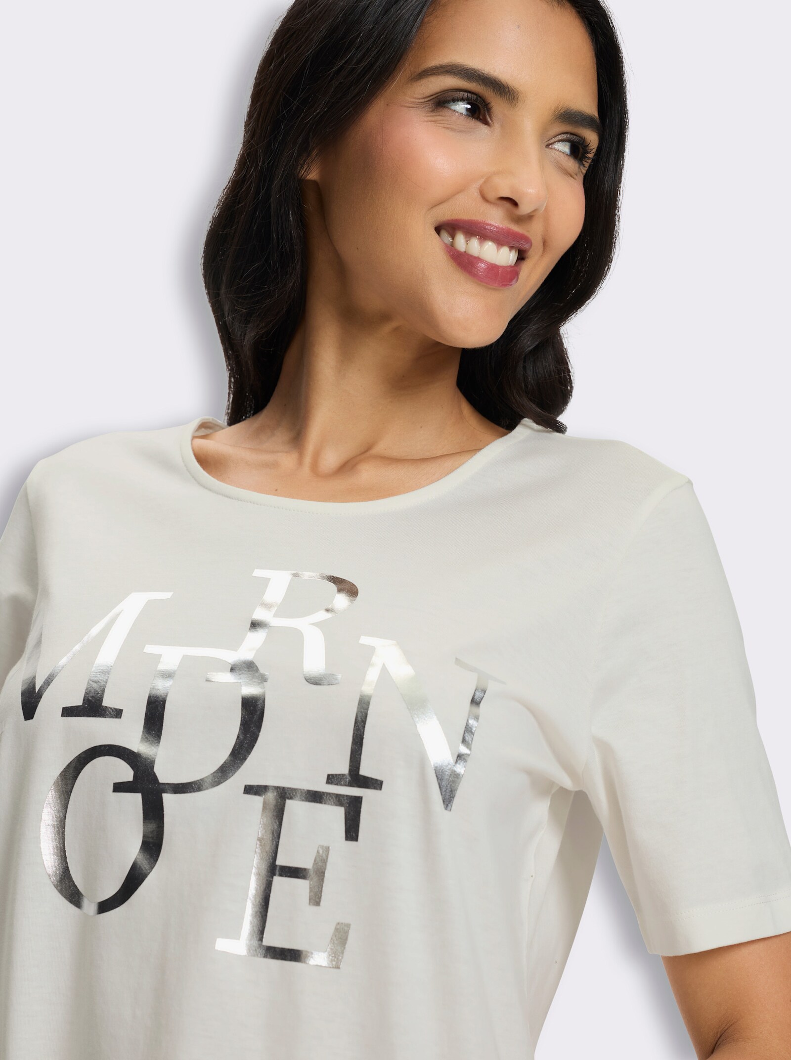 Kurzarmshirt mit Lettering-Folienprint - ecru