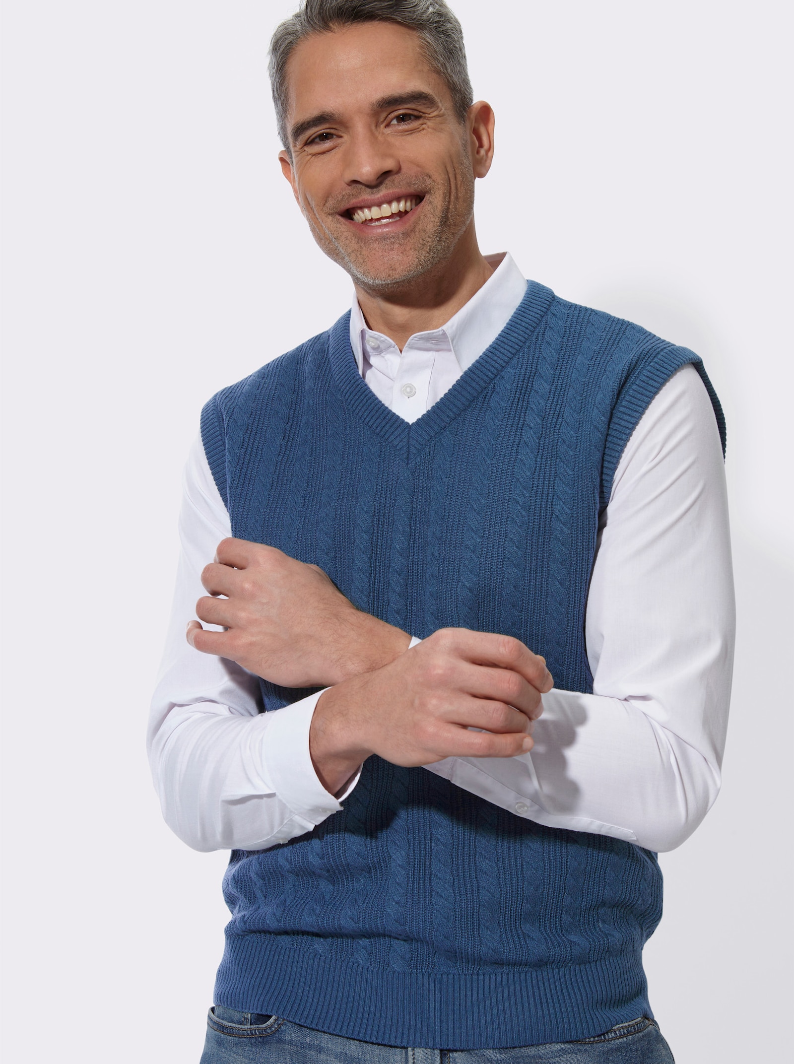 Pullunder mit Zopf- und Strickmuster - jeansblau