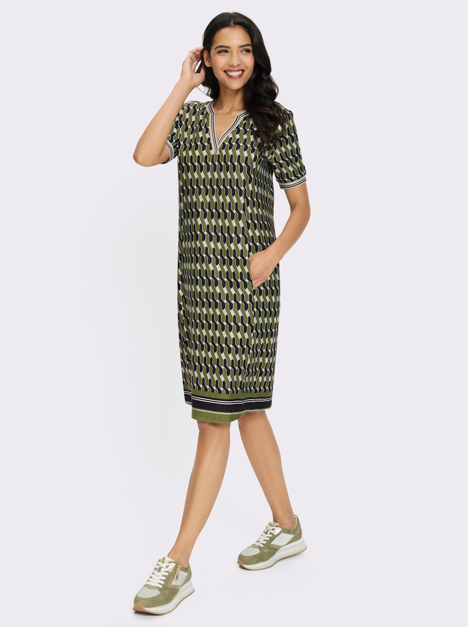 Sweatkleid mit Bordüren-Druck - oliv-schilf-bedruckt