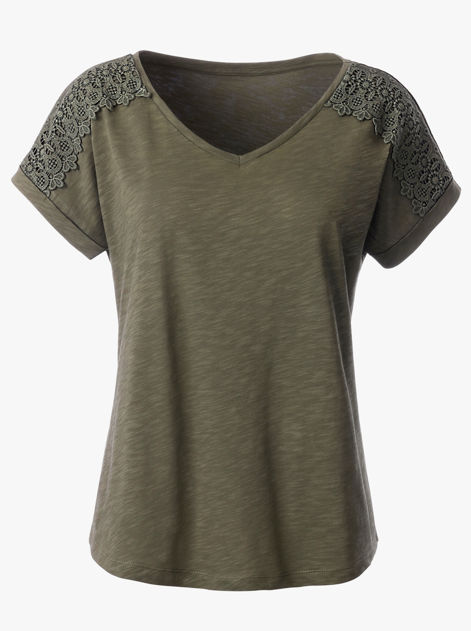 V-Shirt mit Spitzen-Besatz - oliv