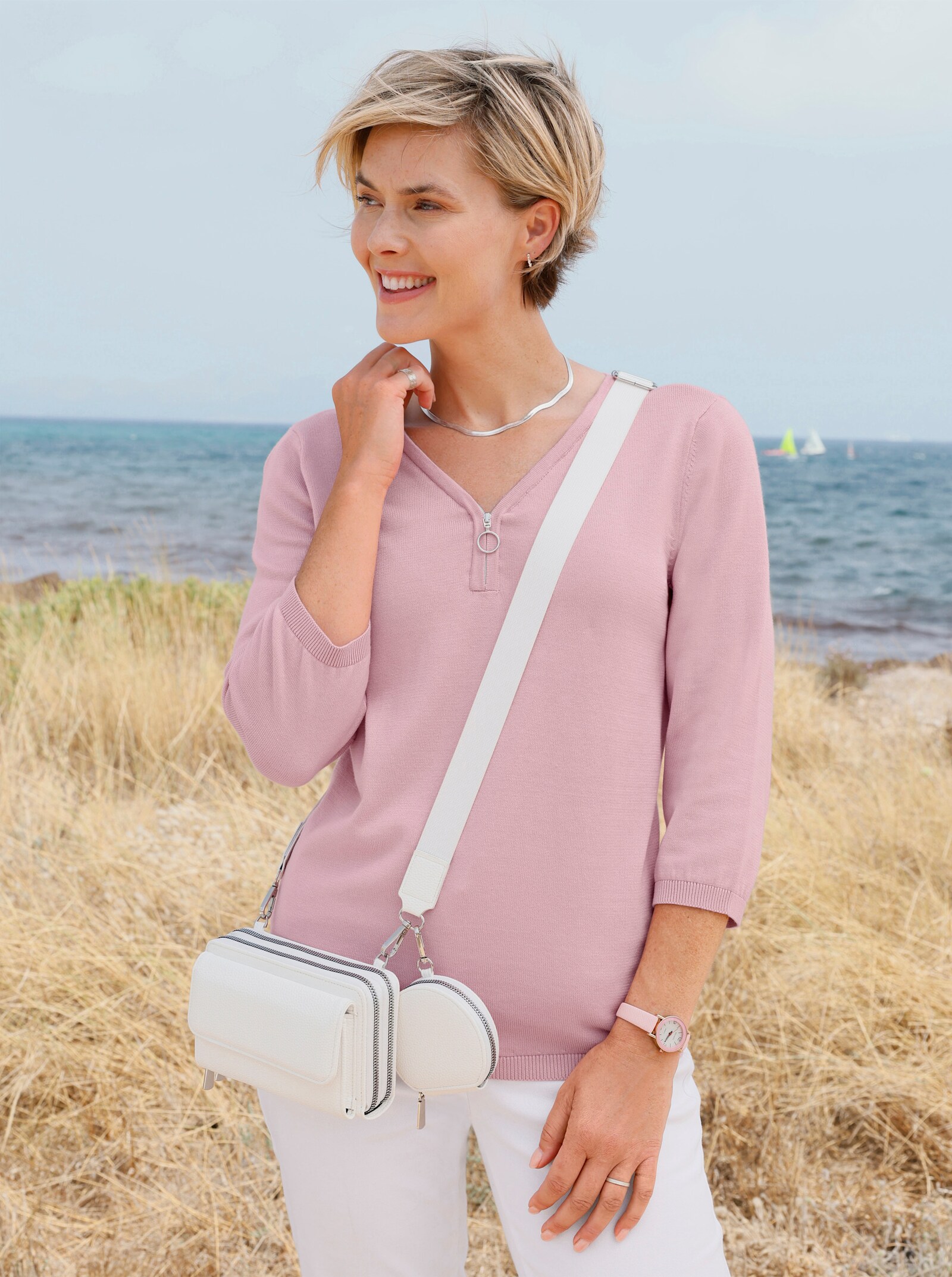 V-Ausschnitt-Pullover in formstabiler Qualität - rosé