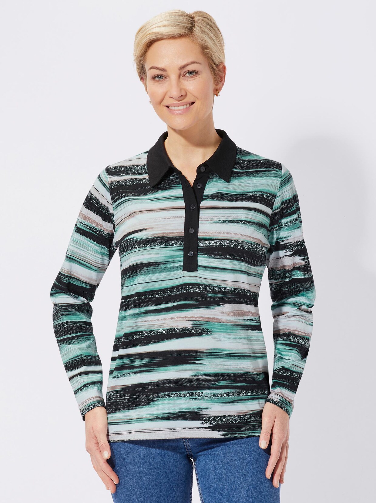 Langarm-Poloshirt - jadegrün-gemustert