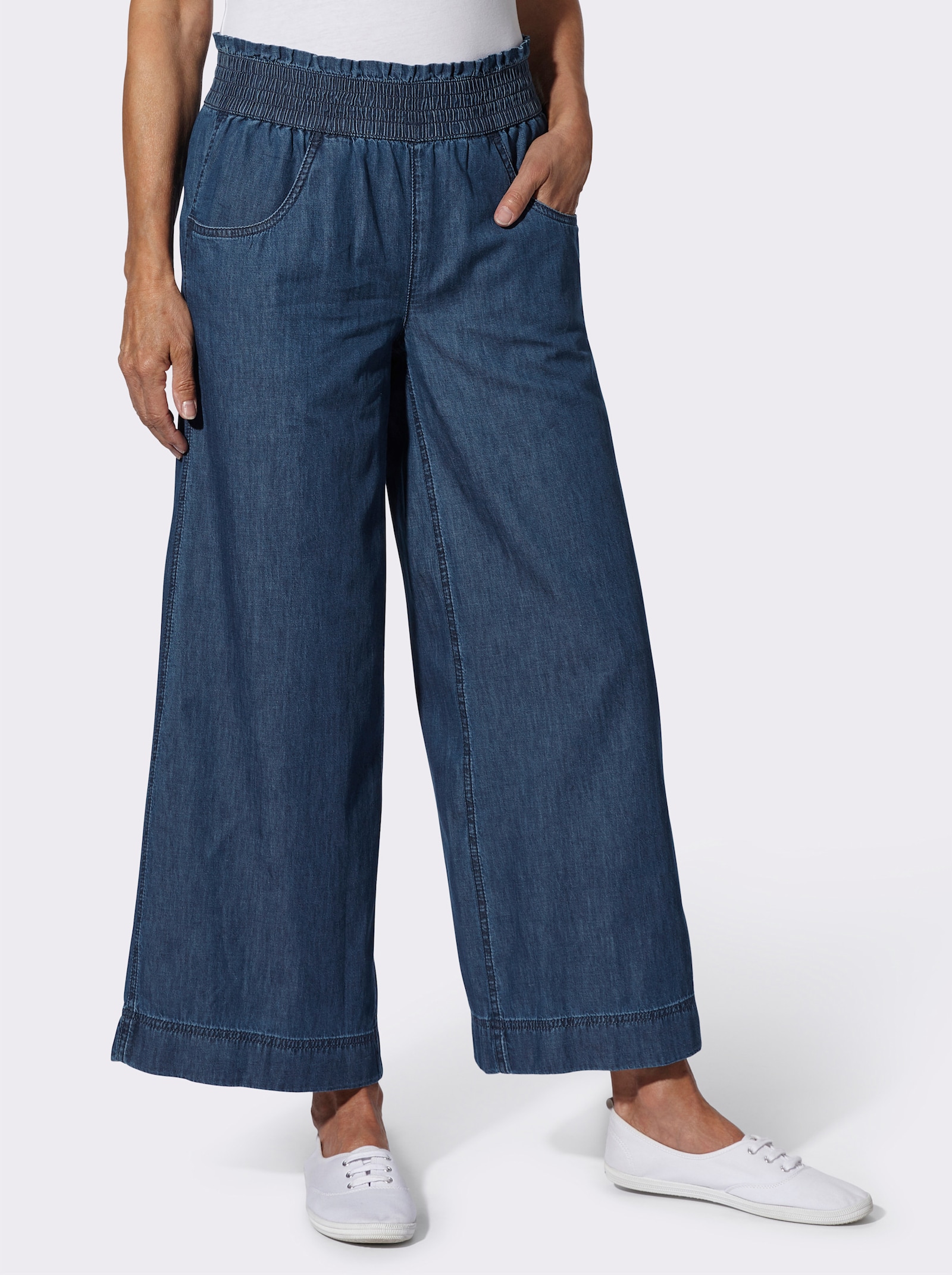 Jeans mit gesmoktem Dehnbund - blue-stone-washed