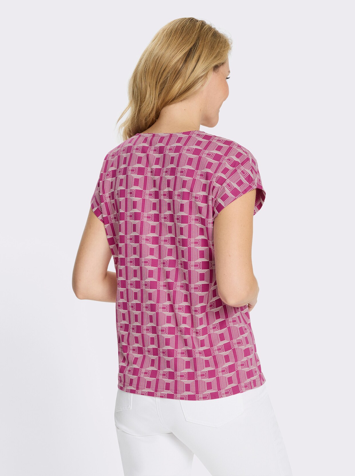 Kurzarmshirt mit grafischem Muster - magenta-ecru-bedruckt