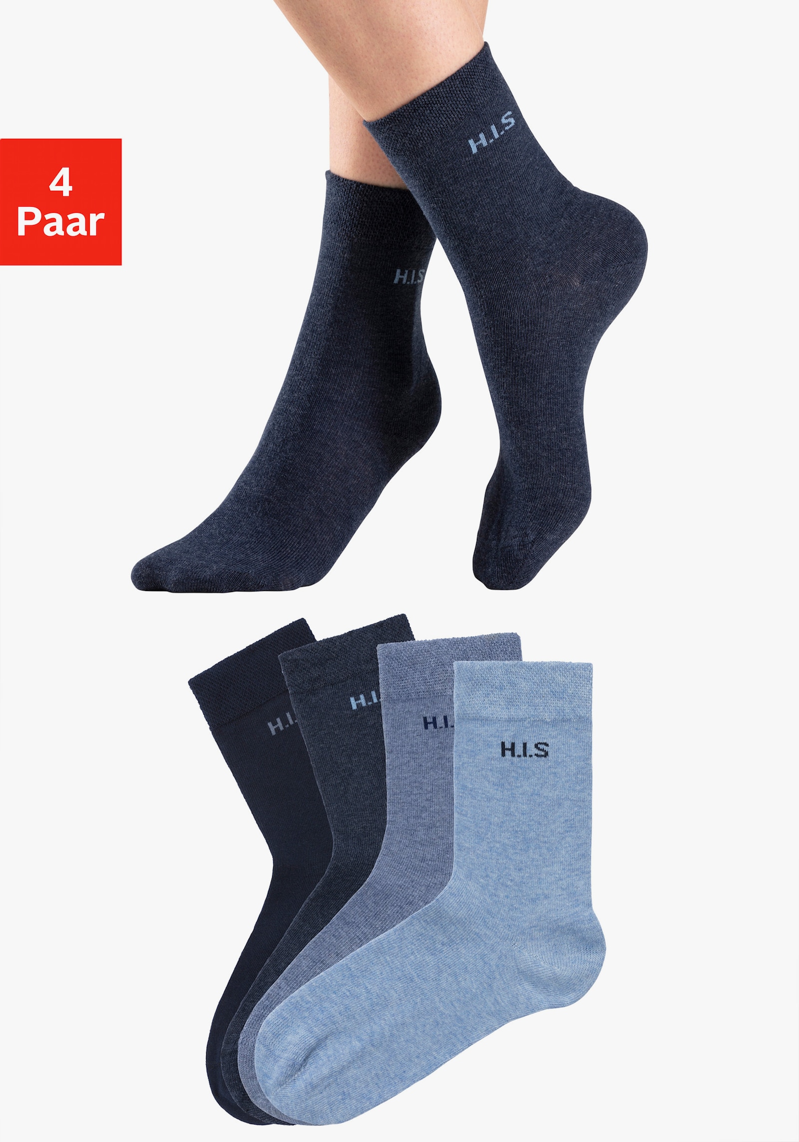 H.I.S Socken - 1x marine, 3x jeanstöne
