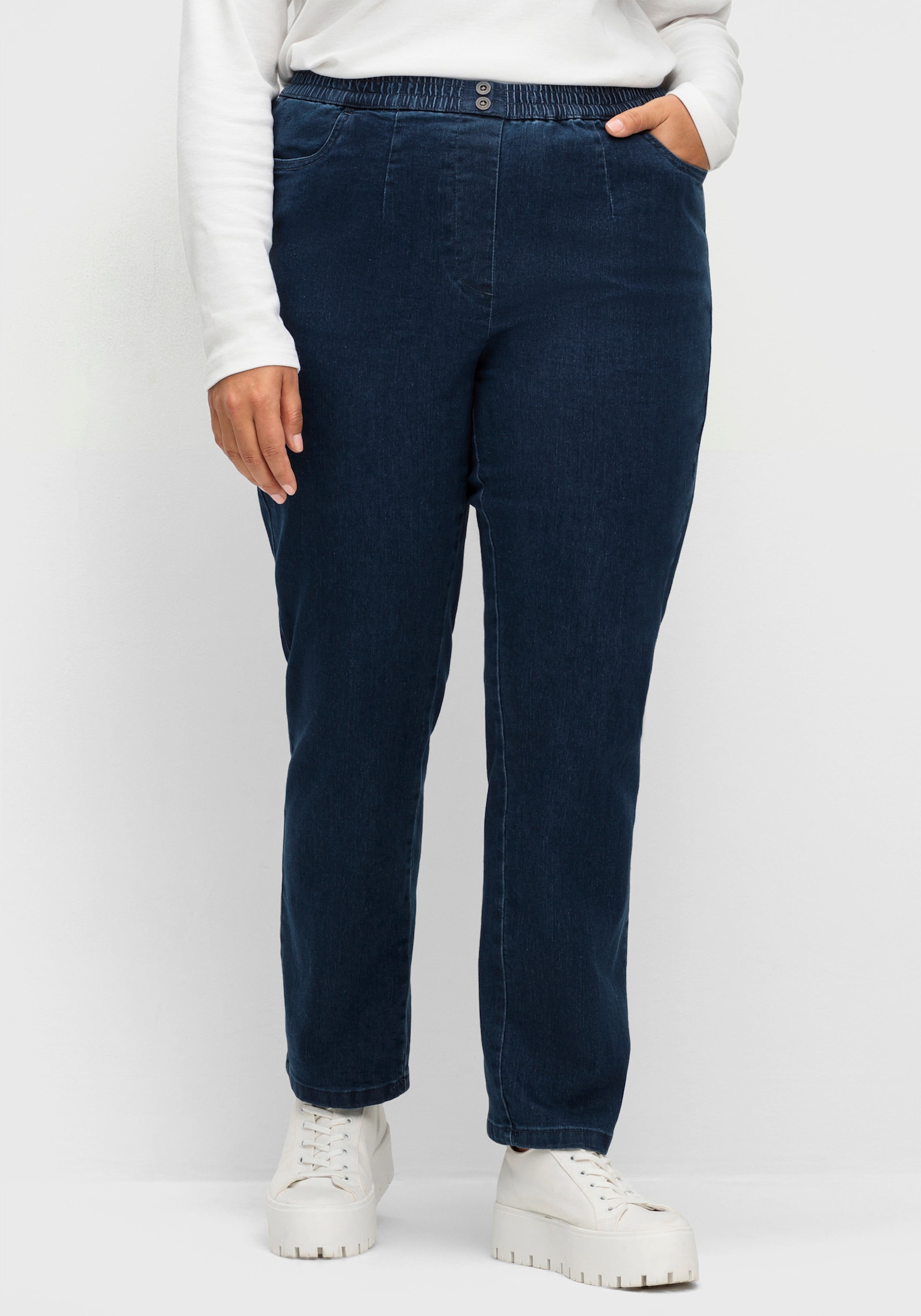 Schlupfjeans mit imitierter Reißverschluss-Blende - blue-stone-washed