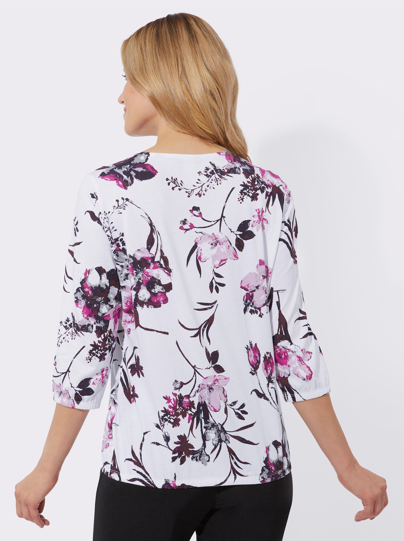 3/4-Arm-Shirt mit elastischen Abschlüssen - weiss-magenta-bedruckt