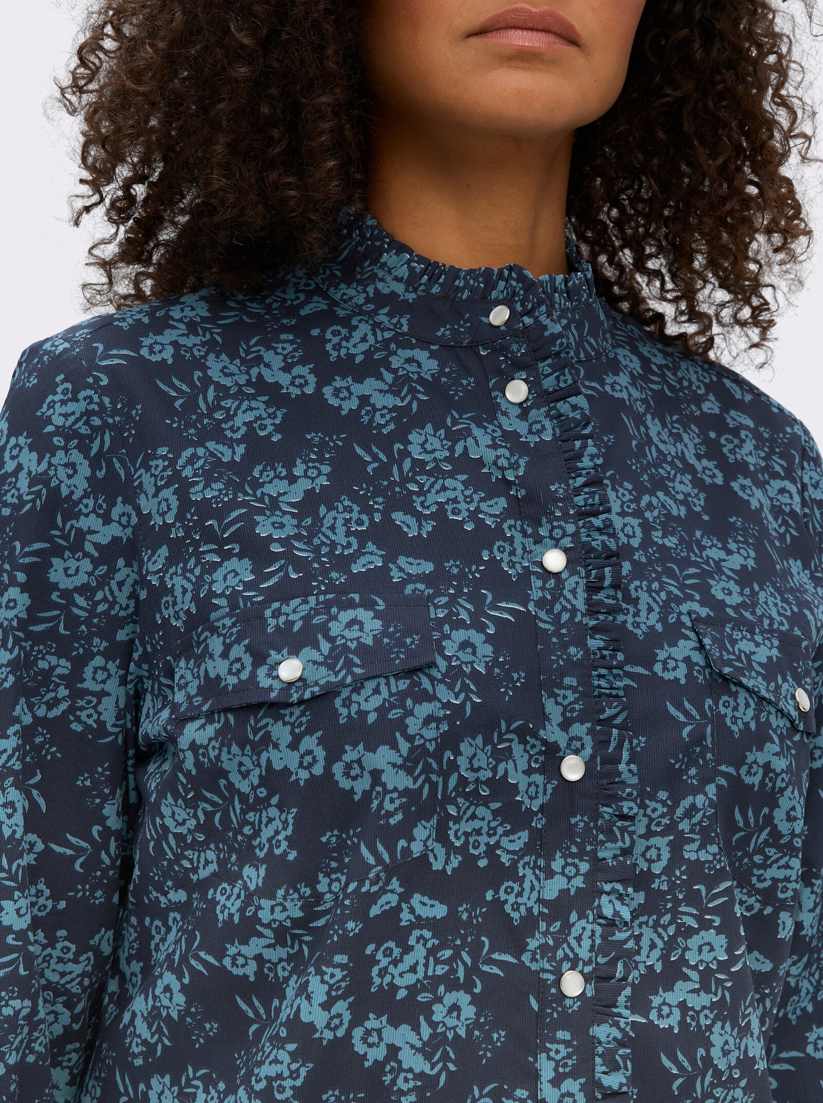 sheego by Joe Browns Druckbluse aus Cord, mit Rüschen-Details - dunkelblau-aquamarin-gemustert