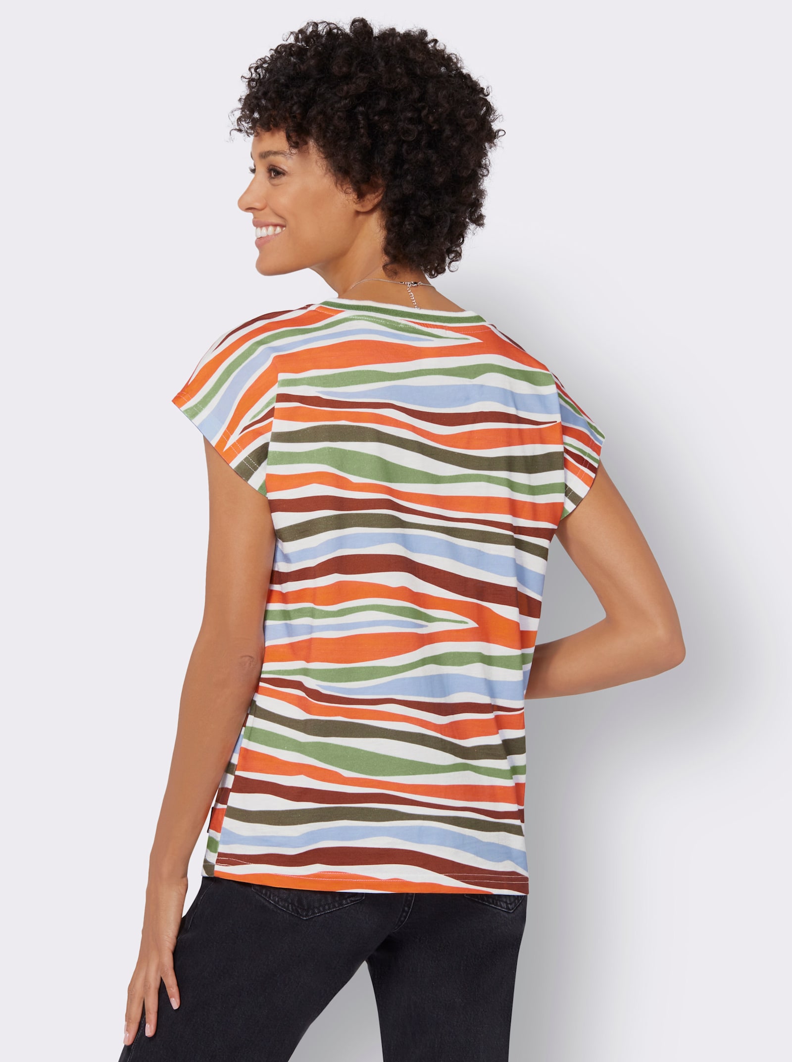 V-Shirt mit Ripp-Blende - eucalyptus-orange-bedruckt
