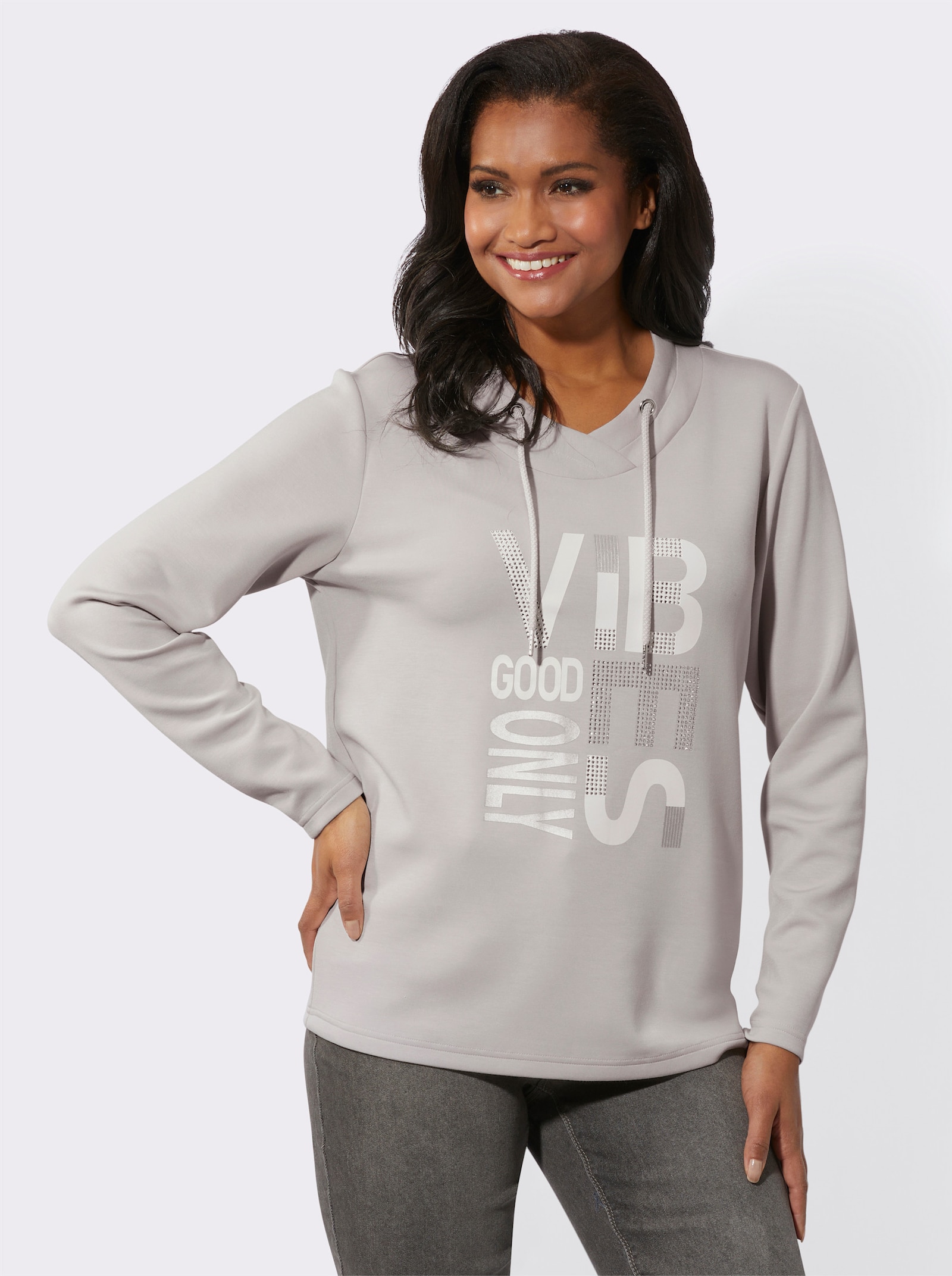 Langarmshirt mit silberfarbigem Print - hellgrau