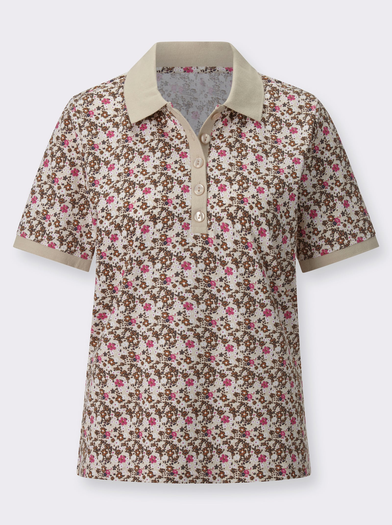 Poloshirt mit Knopfleiste - sand-fuchsia-bedruckt